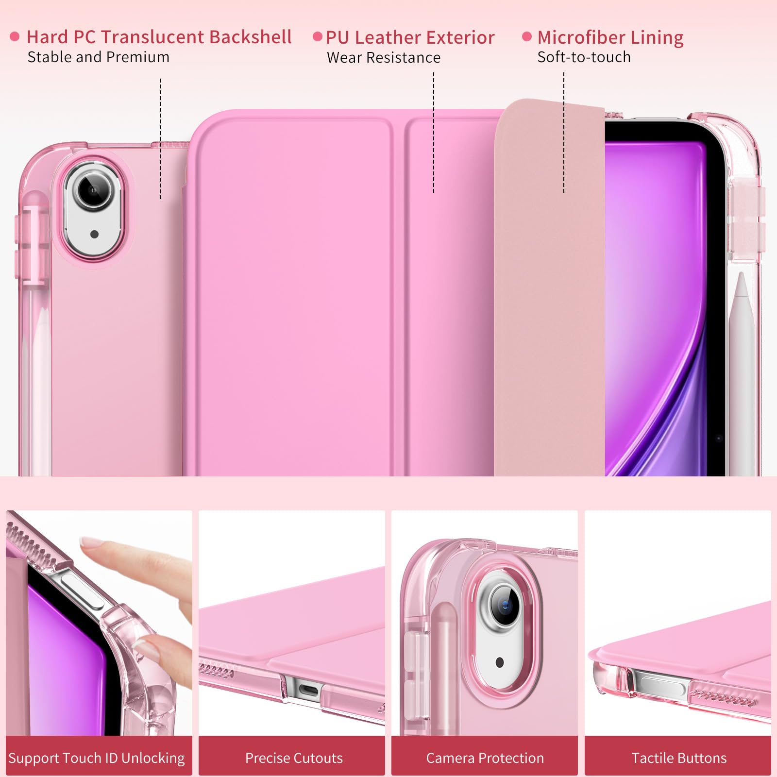 MoKo Cover per iPad Air 11 Pollici Case M3/M2 2025/2024, iPad Air 5a/4a Gen 10,9" Custodia 2022/2020 con Portapenna, Cover Trifold Sottile e Leggera con Retro in PC Rigido Traslucido, Rosa