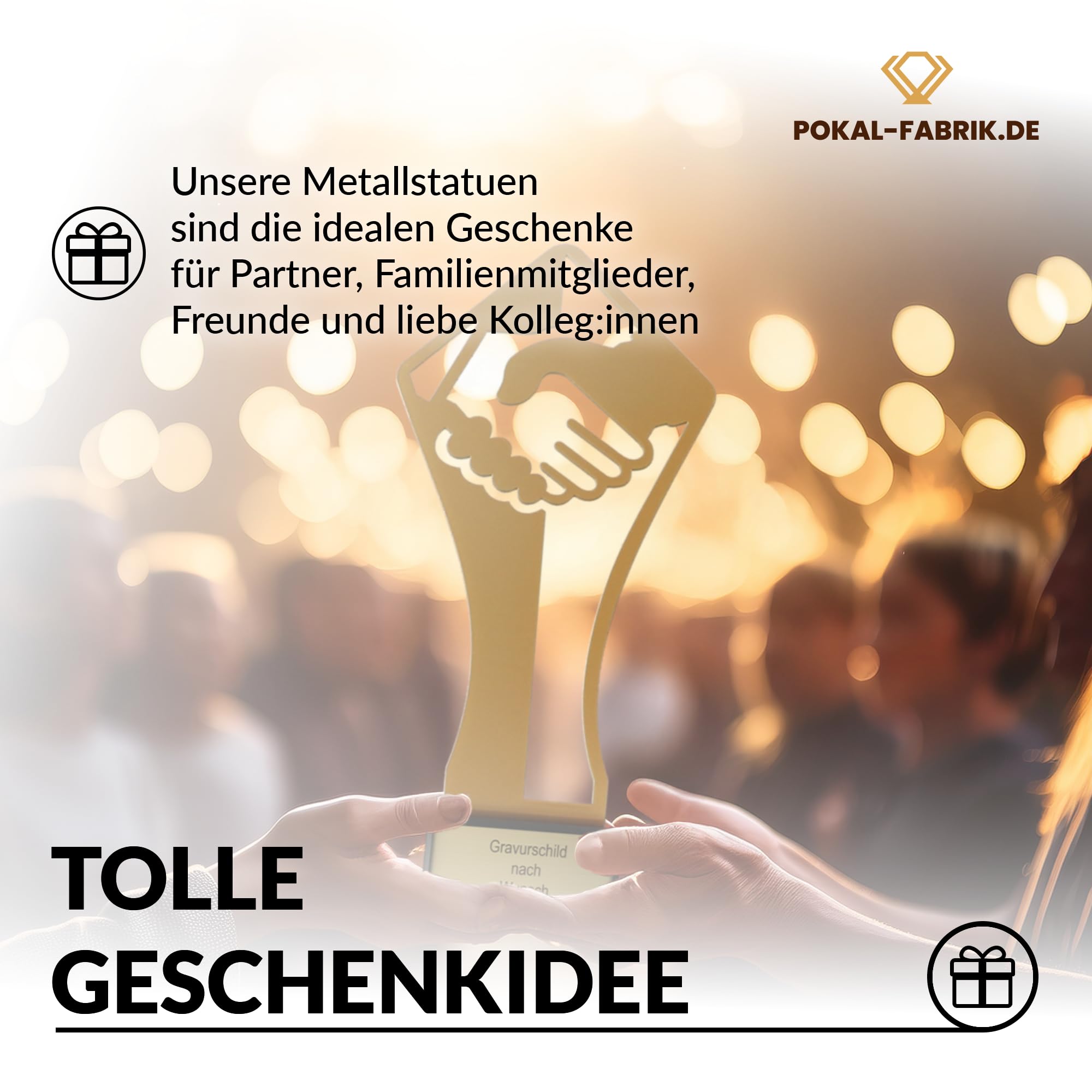 Goldener Teamwork Pokal 21 cm aus Metall mit Gravur - Geschenk-Trophäe mit Handschlag Silhouette - Personalisiertes Geschenk - Auszeichnung für Zusammenarbeit