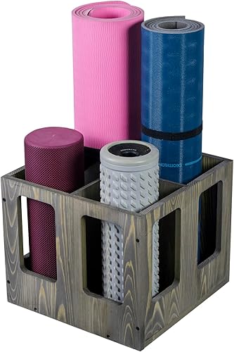 MyGift 4-Slot Vintage Brown Wood Foam Roller Storage Organizer, Wall Mounted or Floor Standing Holder Rack for Yoga Mats and Gym Accessories
