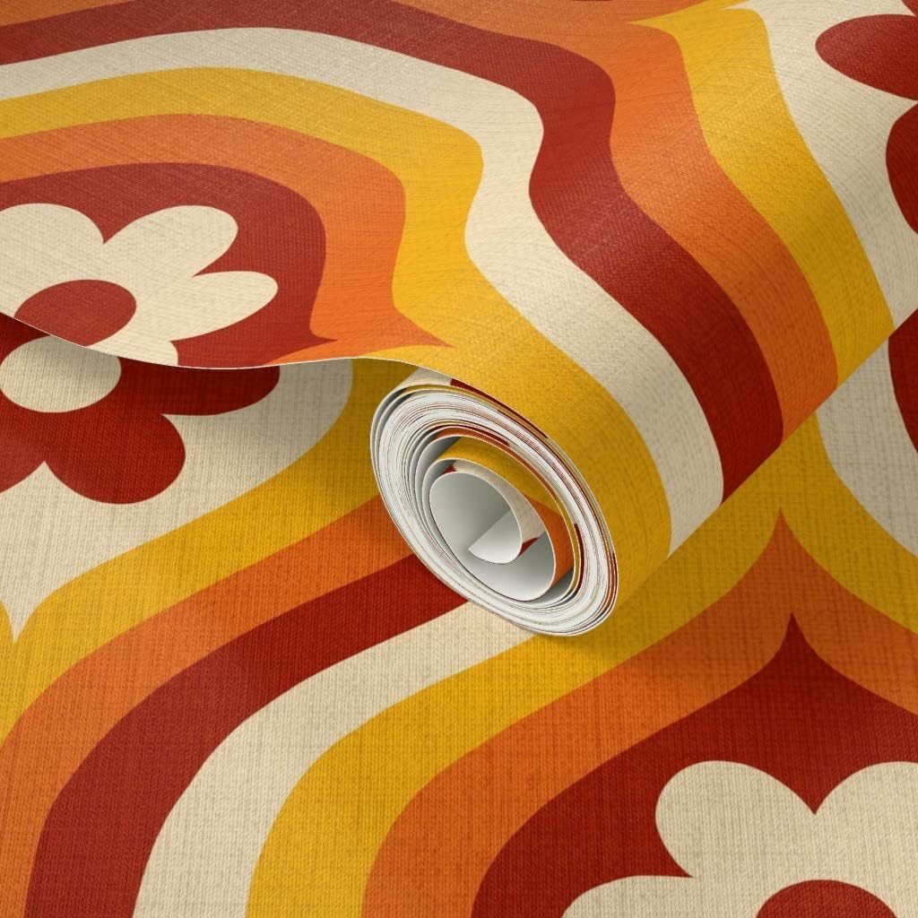 Spoonflower Peel & Stick Wallpaper 3ft x 2ft - 70S Groovy Daisy Ogee Yellow Flowers Red Retro Orange Geometric Custom Removable Wallpaper