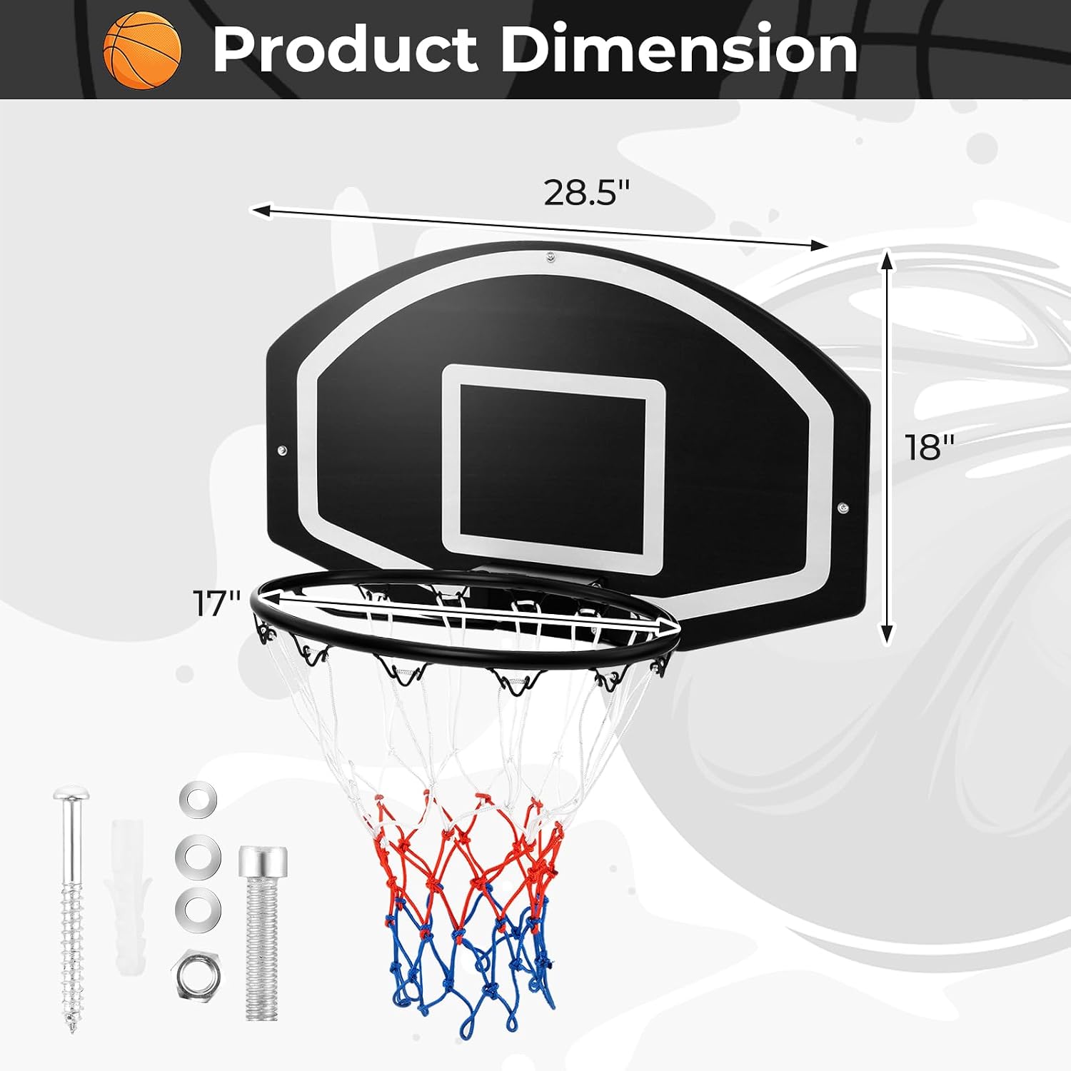 Goplus Wall Mount Basketball Hoop, 28.5’’ x 18’’ Large Backboard with 17’’ Rim, Shatter-Proof Backboard, All-Weather Net, Door Wall Mounted Indoor Outdoor Basketball Playset for Backyard Family Games
