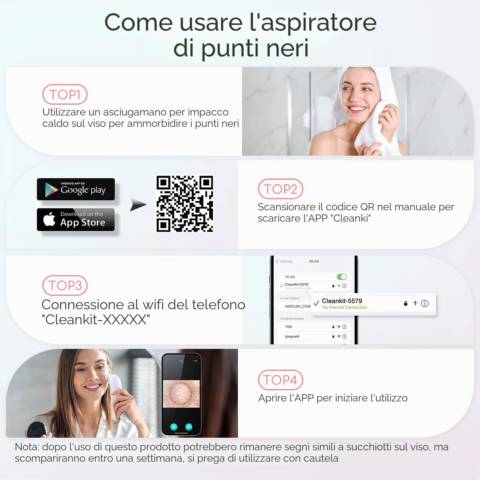 Aspirapolvere per la rimozione dei punti neri, per viso con fotocamera, aspirapolvere per pori per uomini e donne, strumenti di rimozione dei punti neri, 6 testine di aspirazione e 3 modalità di