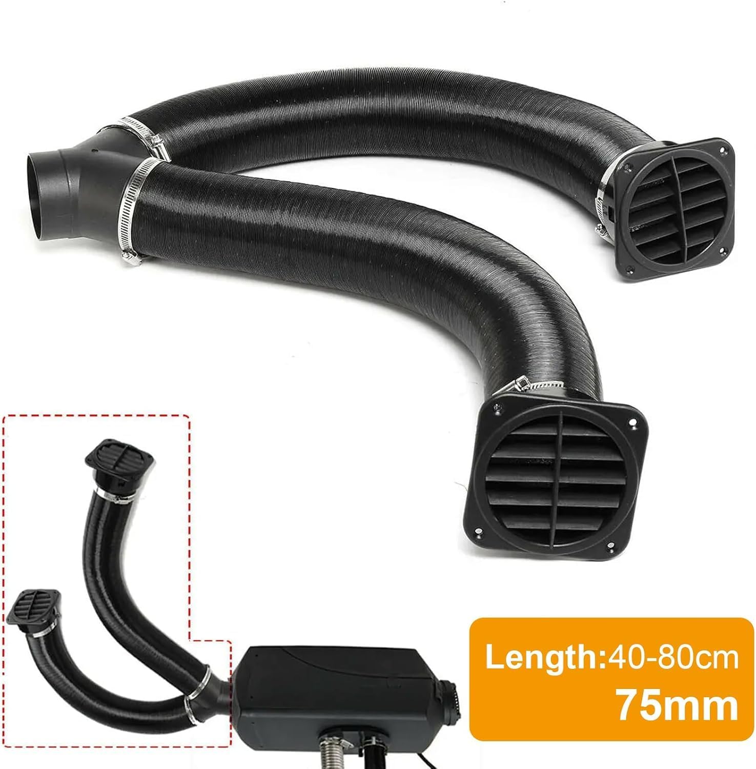75mm Diesel Heater Ducting Kit with Y-Piece, 3 Inch Warm Air Vent Hose Compatible with Webasto Eberspacher, Splitter Connector & Outlet Pipe for Car Parking Heater, RV, Truck & Boat