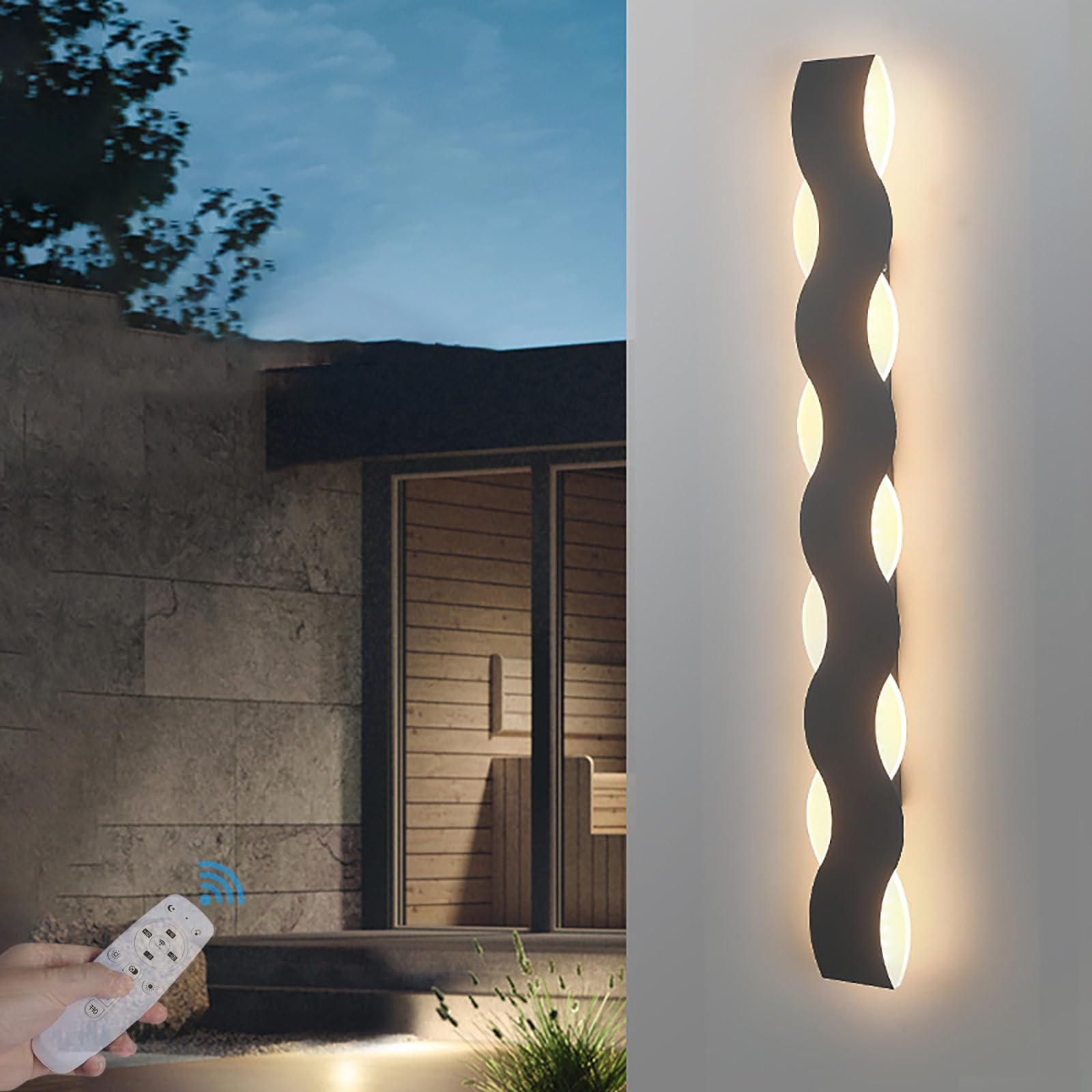 TZSMUM Wall Lamp Outdoor Long Modern LED Dimmable Wall Sconces with Remote Control Living Room Wall Lights Waterproof IP65 Black Home Lighting Fixtures for Courtyard Hallway Front Door (Dimbaar,80CM)