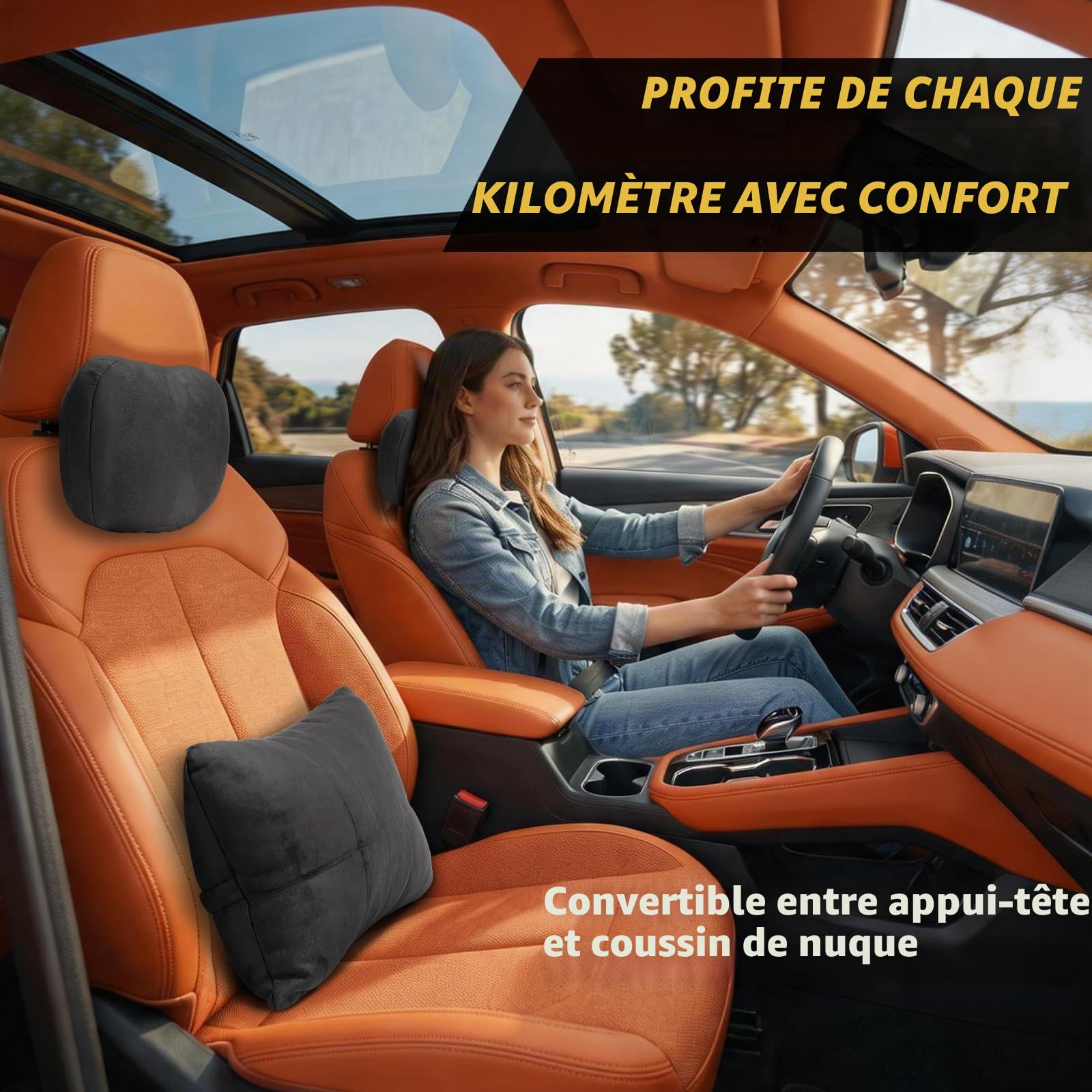 Kwak's Coffret Oreillette et Support Lombaire pour Voiture–Oreiller Cervical à Réglage de Hauteur sur 2 Niveaux, Housse Amovible et Lavable, Coussin de Confort pour la Conduite(Noir)