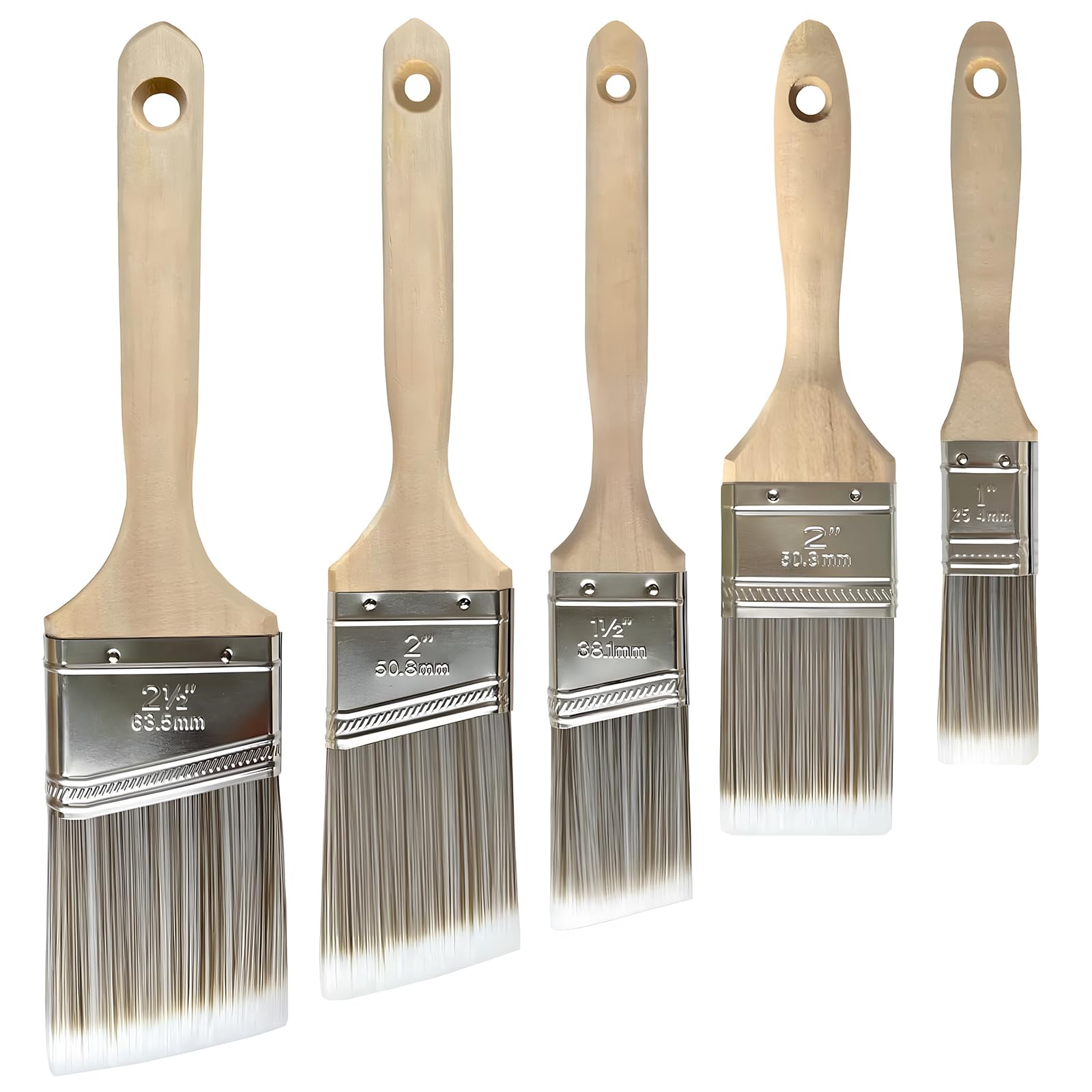 Paint Brush Set - 5 Pack Angled & Straight Brushes, Wood Handle, Premium Wall Brush Set for House, Furniture, and Wall Painting - Masonry, Fence, Wood & Varnish Brush (5 Size)