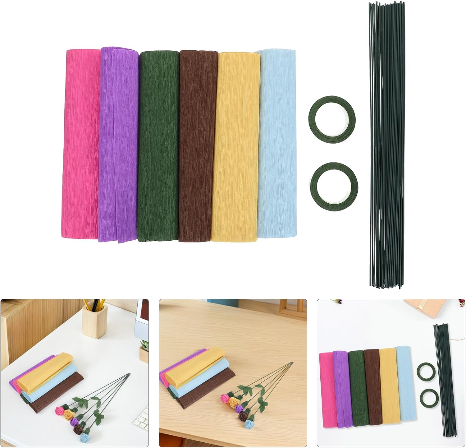 SAFIGLE 58pcs Dark Color Crepe Paper Sheets with Florist Tape and 50pcs 40cm Flower Stems for DIY Floral Crafts Wedding Party Decoration