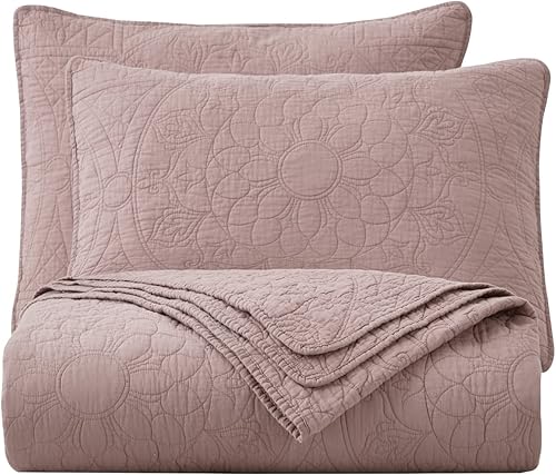 Miniatura 6 de Chezmoi Collection Octavia - Juego de colcha bordada de 3 piezas con medallón floral, para todas las estaciones, juego de edredón de algodón