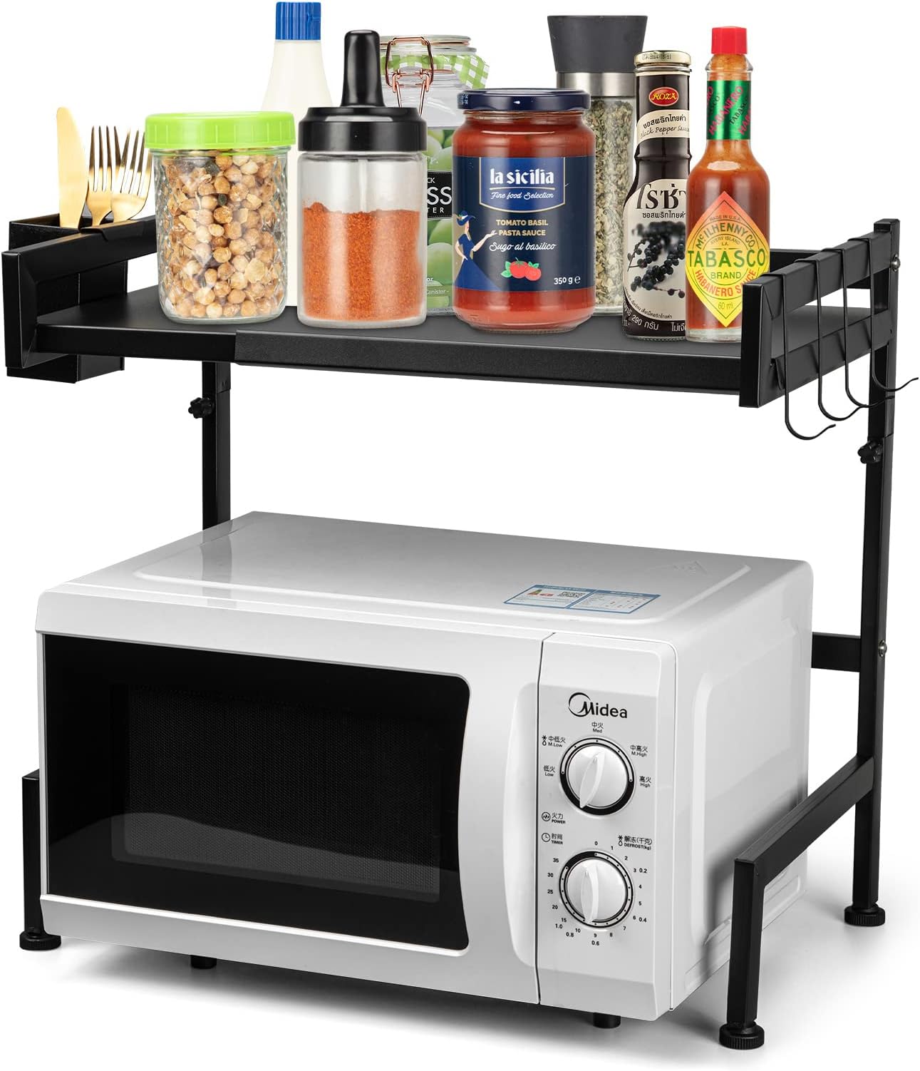 Extendable Microwave Oven Rack, Adjustable Microwave/Toaster Shelf with Utensil Holder, Kitchen Counter Top Organizer(L15.7~23.6" xW15.7 xH18.1), 2-Tier with 4 Hooks, Black