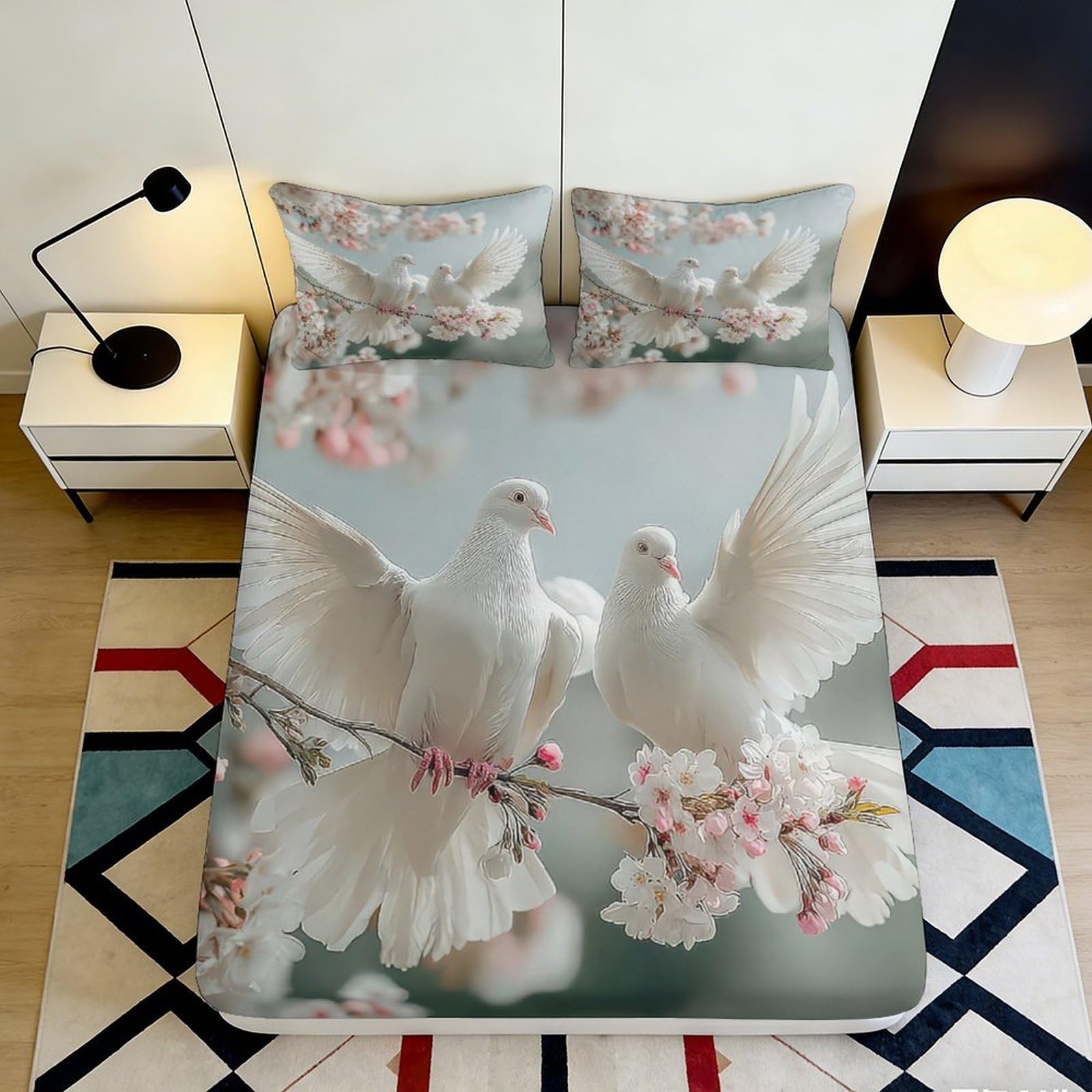 3D Printed Doves Fitted Sheet, Cherry Blossom Bed Cover, Microfiber Soft Touch, Wrinkle Resistant, Apartment Bedding, Easy Care, Bedroom Decor, Home Essentials, 120x200cm 90x200x25cm