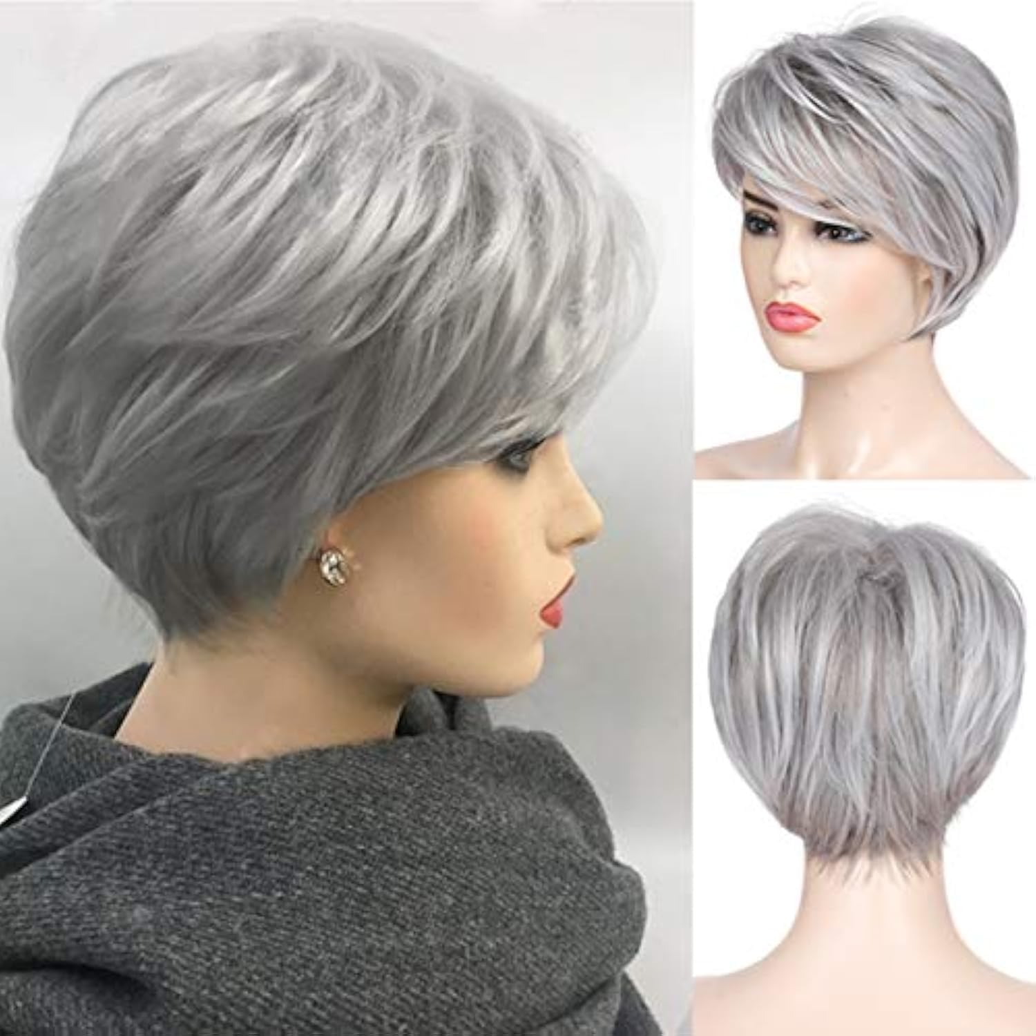 Baruisi Grey Wig Short Layered Natural Synthetic Wig with Bangs Heat Resistant Replacement Hair Wig for Women