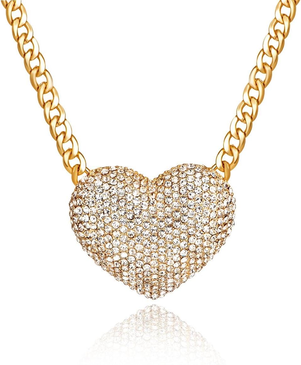 Women's Statement Sparkly Heart Necklace Shiny Rhinestone Chunky Chain Necklace Punk Rock Style Costume Jewelry