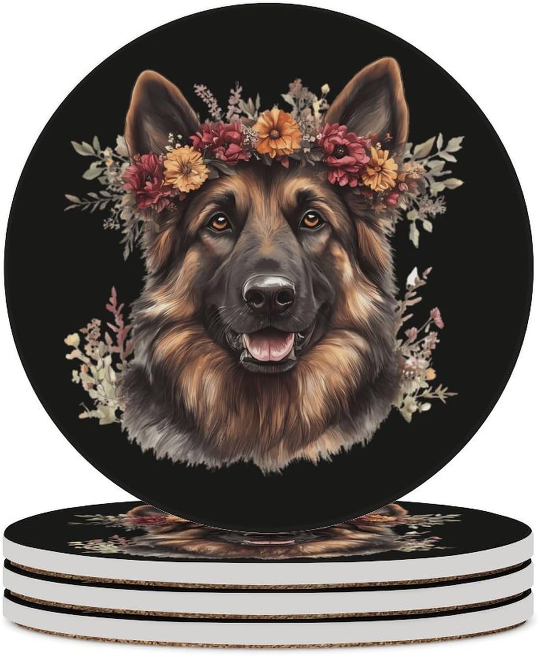 German Shepherd Dog Flower Funny Round Ceramic Coasters for Drink Absorbent Cup Holders Tabletop Protection