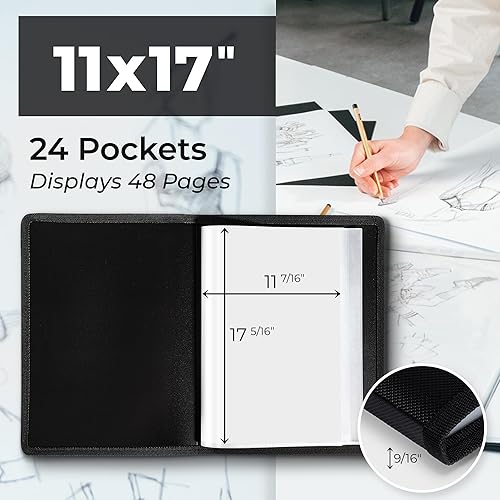 Miniatura 2 de Dunwell Carpeta de álbum de portafolio de arte (negro) - Carpeta de cartera de 11 x 17 pulgadas para obras de arte, 24 fundas de plástico, libro de