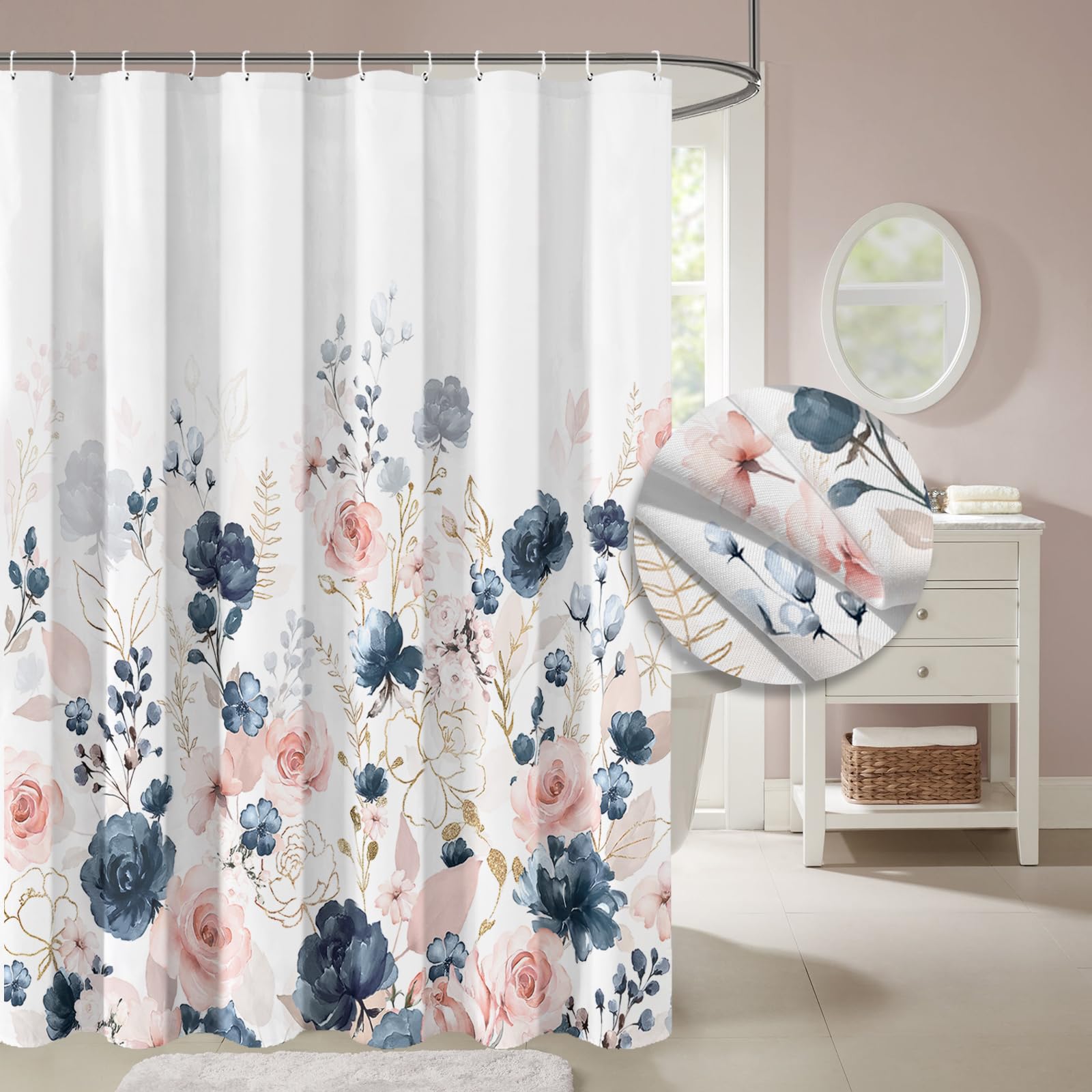 HONCO DIRECT Aesthetic Navy Blue Pink Rose Floral Shower Curtain Sets, Watercolor Gold Flowers Leaves Bathroom Decorative 72x72 Inch Polyester