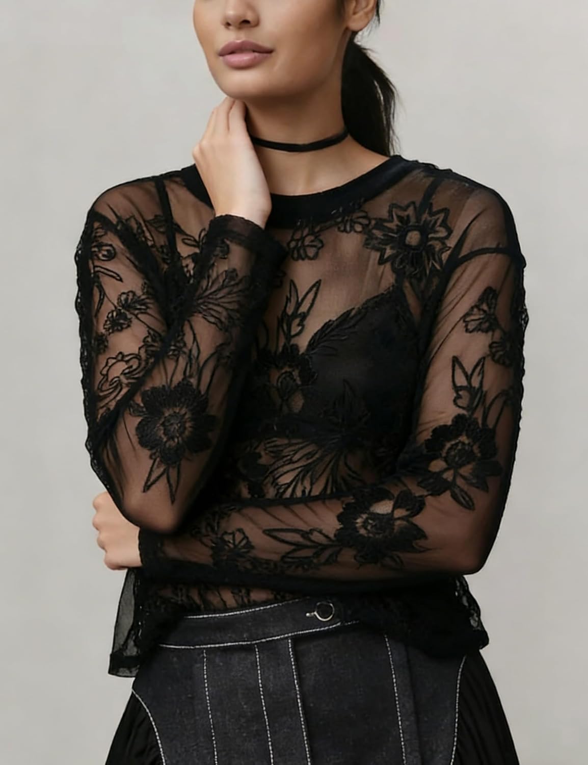 Aimiray Lace Tops Women Long Sleeve Crew Neck Mesh Tops Floral Printed Black Sheer Blouse Lightweight Cute Layering Shirts - Image 3