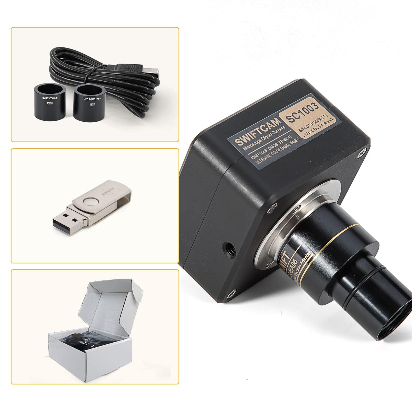 Swiftcam - Cámara de 10 Megapíxeles para Microscopios, con Lente de Reducción, Kit de Calibración, Adaptadores de Eyetube y Cable USB 3.0, Compatible con Windows/Mac/Linux