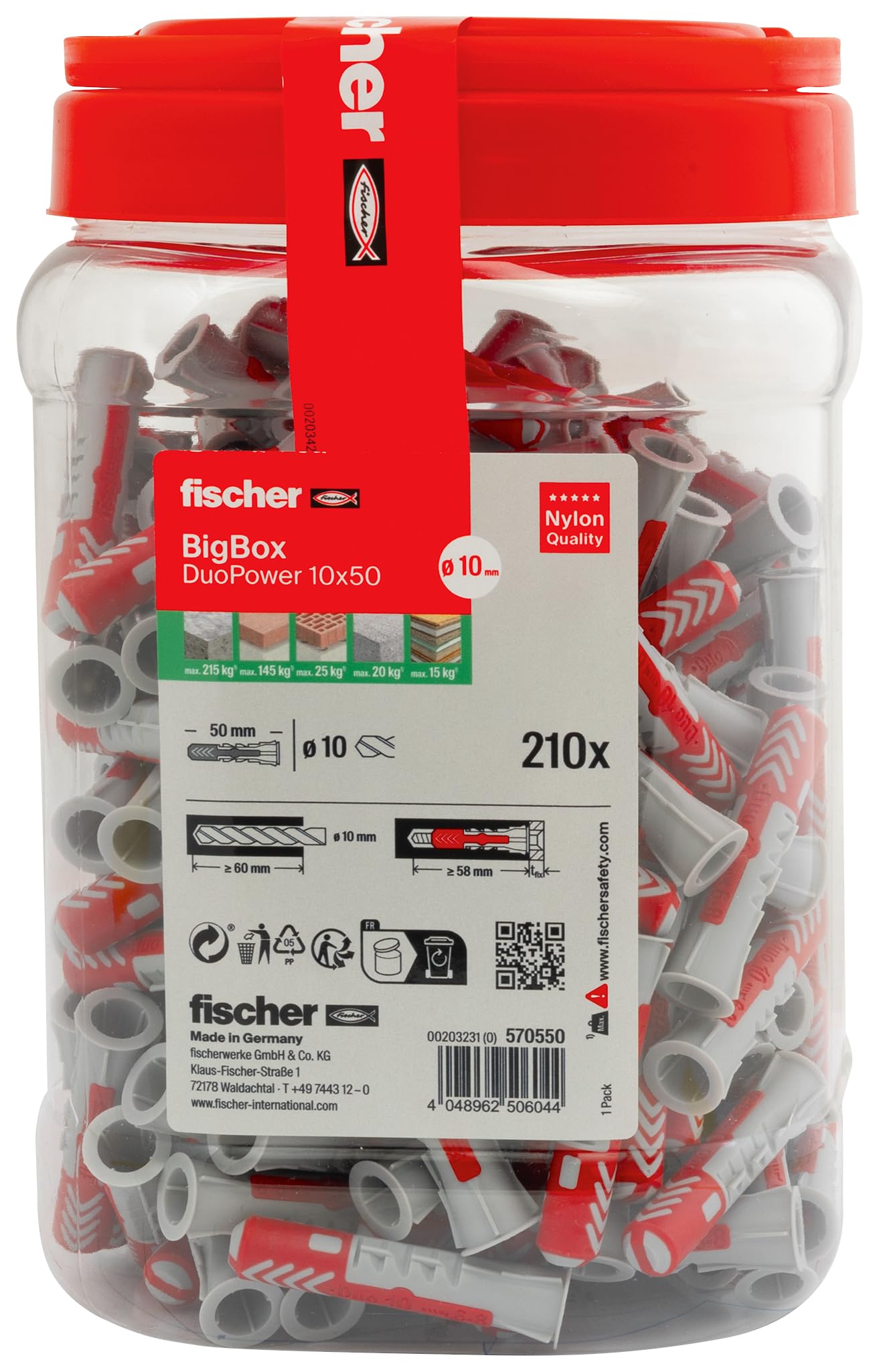 fischer DuoPower 10 x 50 en BigBox, 210 tacos universales, potentes tacos de 2 componentes, tacos de plástico para fijación en hormigón, ladrillo, piedra, placas de yeso, etc. sin tornillos