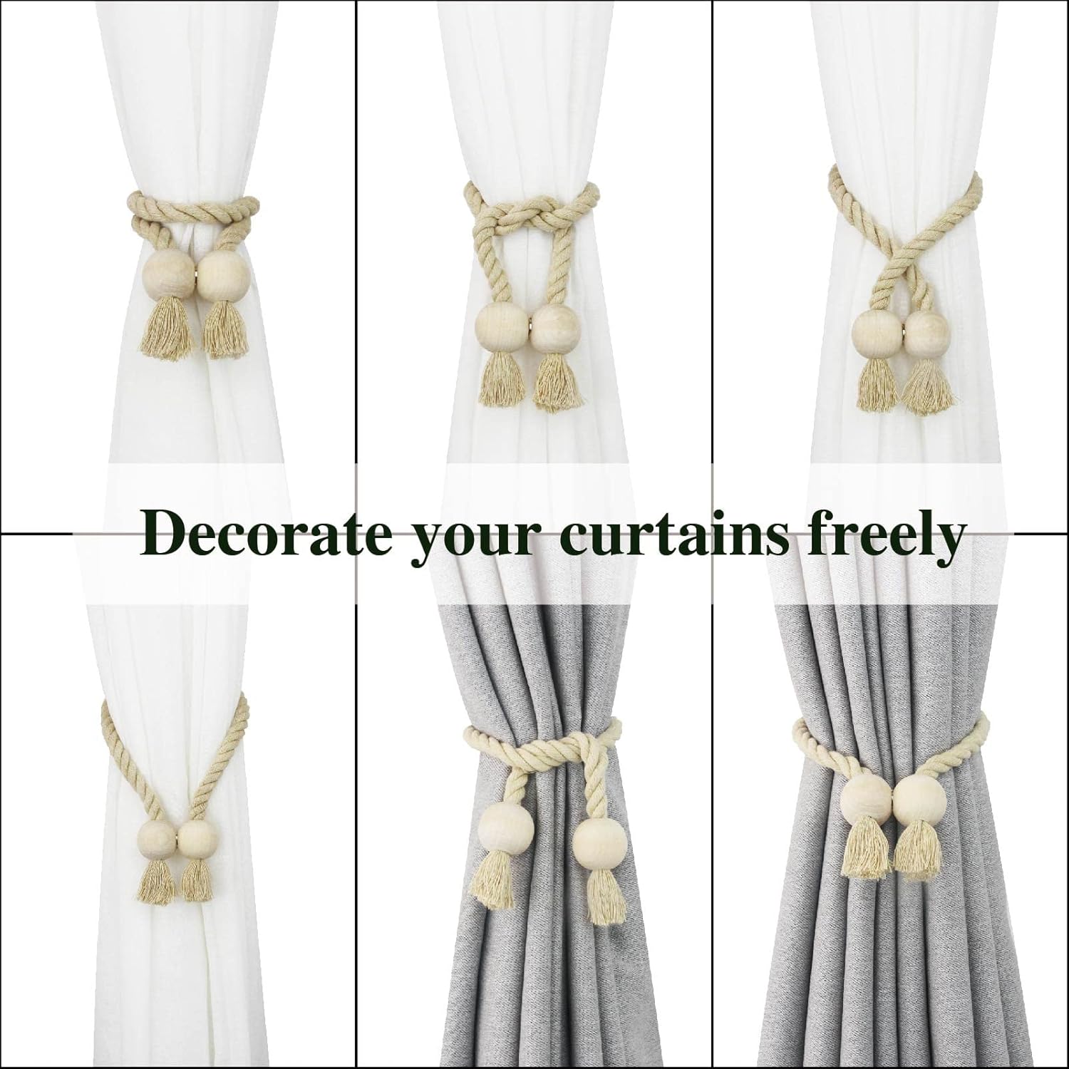 Magnetic Curtain Tiebacks Decorative Tie Back Drapes Holdbacks Nieffeiy | 4 Pack Dark Beige Cotton Hand Woven Rope Curtain Drapery Holdbacks No Drill