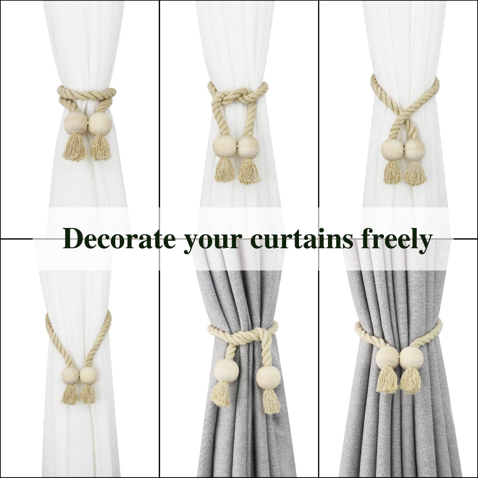 Confezione da 4 fermatende magnetici in cotone intrecciato a mano, fermatende, fermatende, fermatende, fermatende per tende (beige - palla, 4