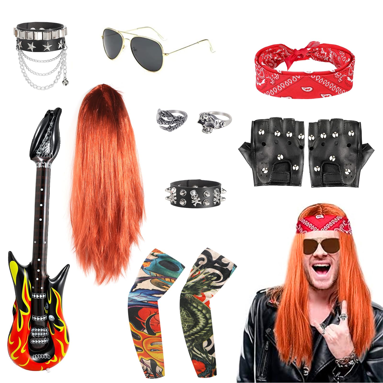 12pcs Rockstar Costume Wigs Set 70s 80s 90s Rocker Costumes for Men and Women Motorcycle Biker Halloween Costume Punk Accessories Rock Star Costumes Guitar Rock and Roll Costume