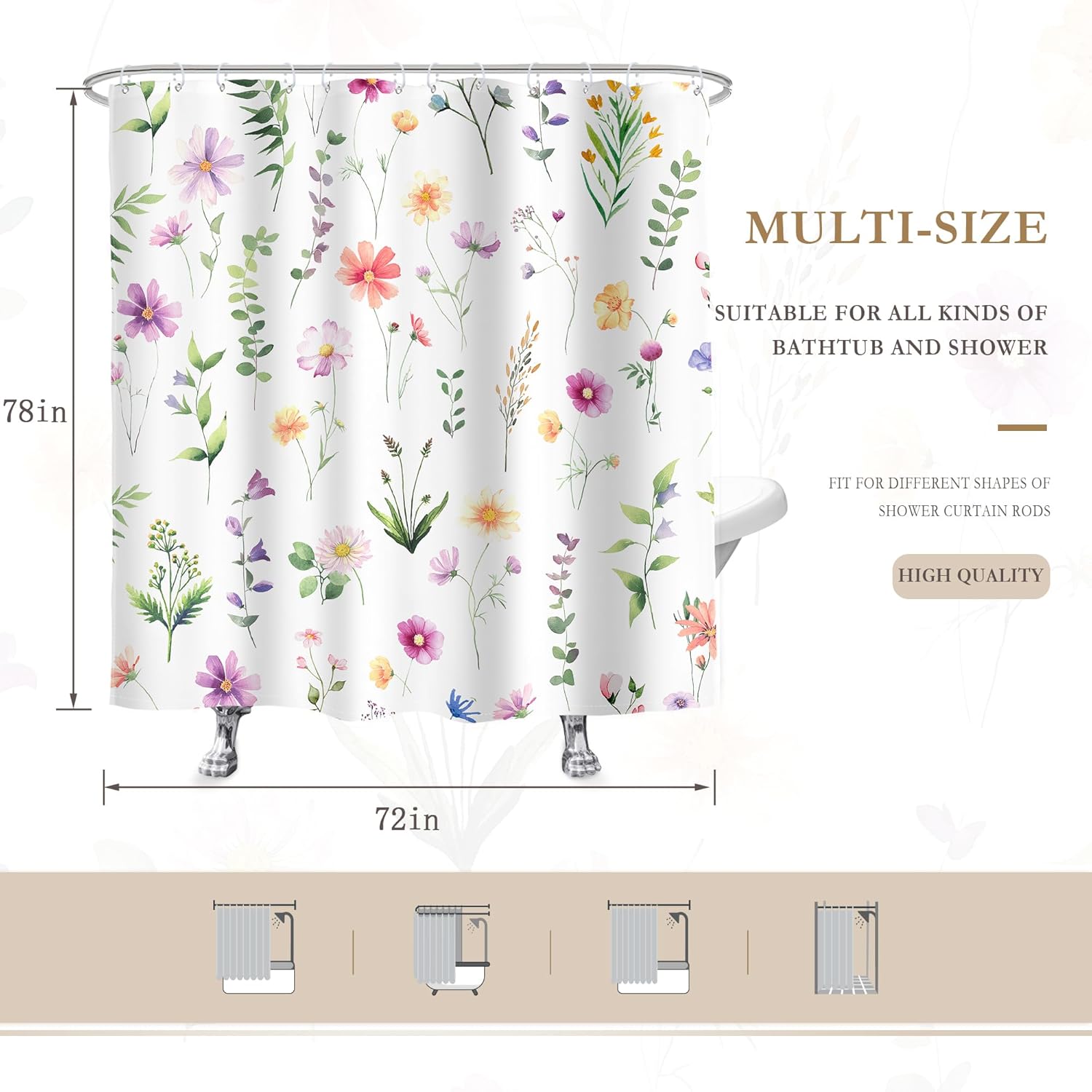 Glawry Boho Shower Curtain Long Cute Floral Flower Leaves Watercolor Plant Botanical Botanic Wildflower Girls Bathroom Bohemian 72Wx78H Inches Bath Accessories Art Home Decor Fabric 12 Pack Hook