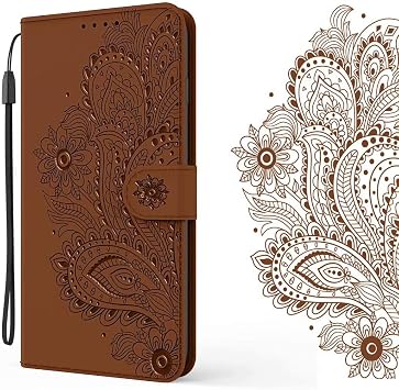 ケース Compatible with Huawei P Smart 2020 Flower Embossed リストストラップフリップフォリオキックスタンドPUレザーウォレットケース、カードスロット付き for Huawei P Smart 2020 Brown