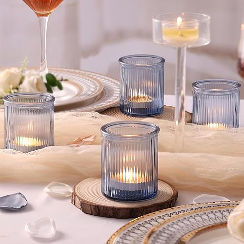 Miniatura 5 de 8 portavelas votivas azules acanaladas, portavelas de cristal para velas de té, candelabros azules para centro de mesa, decoración de boda,