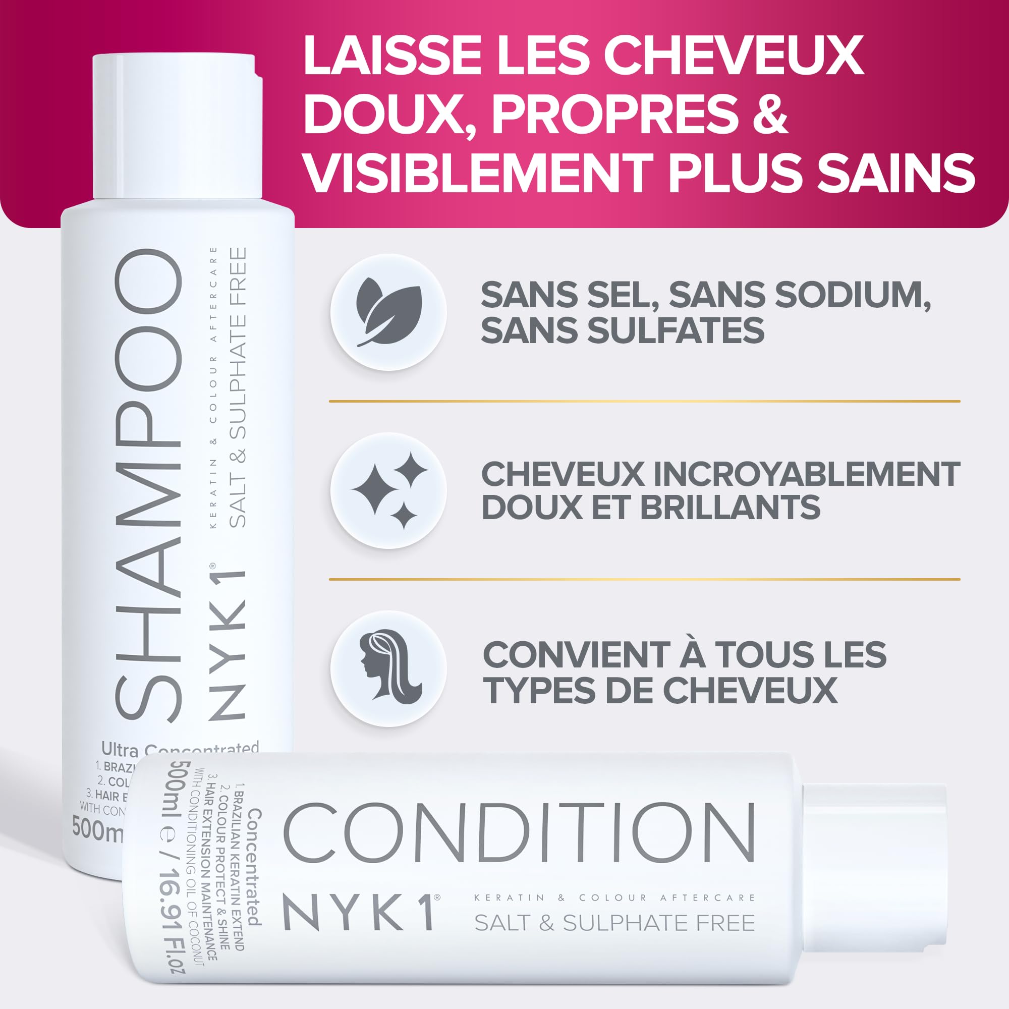 NYK1 Coffret Shampooing Et Apres Shampoing Sans Sulfate (500ml x2) Ensemble Shampoing Sans Sulfate Pour Extensions, Coloration Et Soin Kératine - Nettoyage En Douceur Et Prévention De La Casse