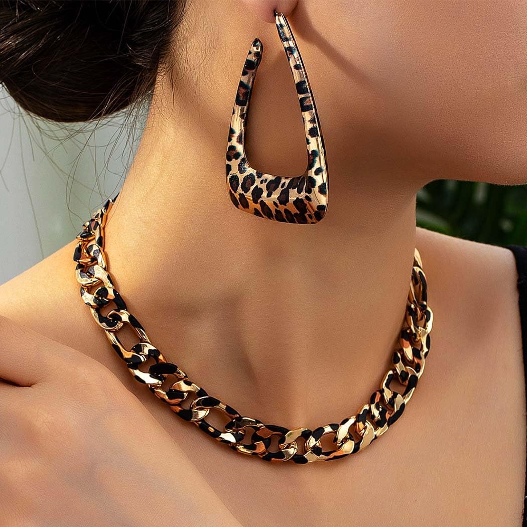 Gold Leopard Print Necklace & Earrings Set - Women's Modern Bohemian Jewelry for Casual Wear & Gifting - Image 3