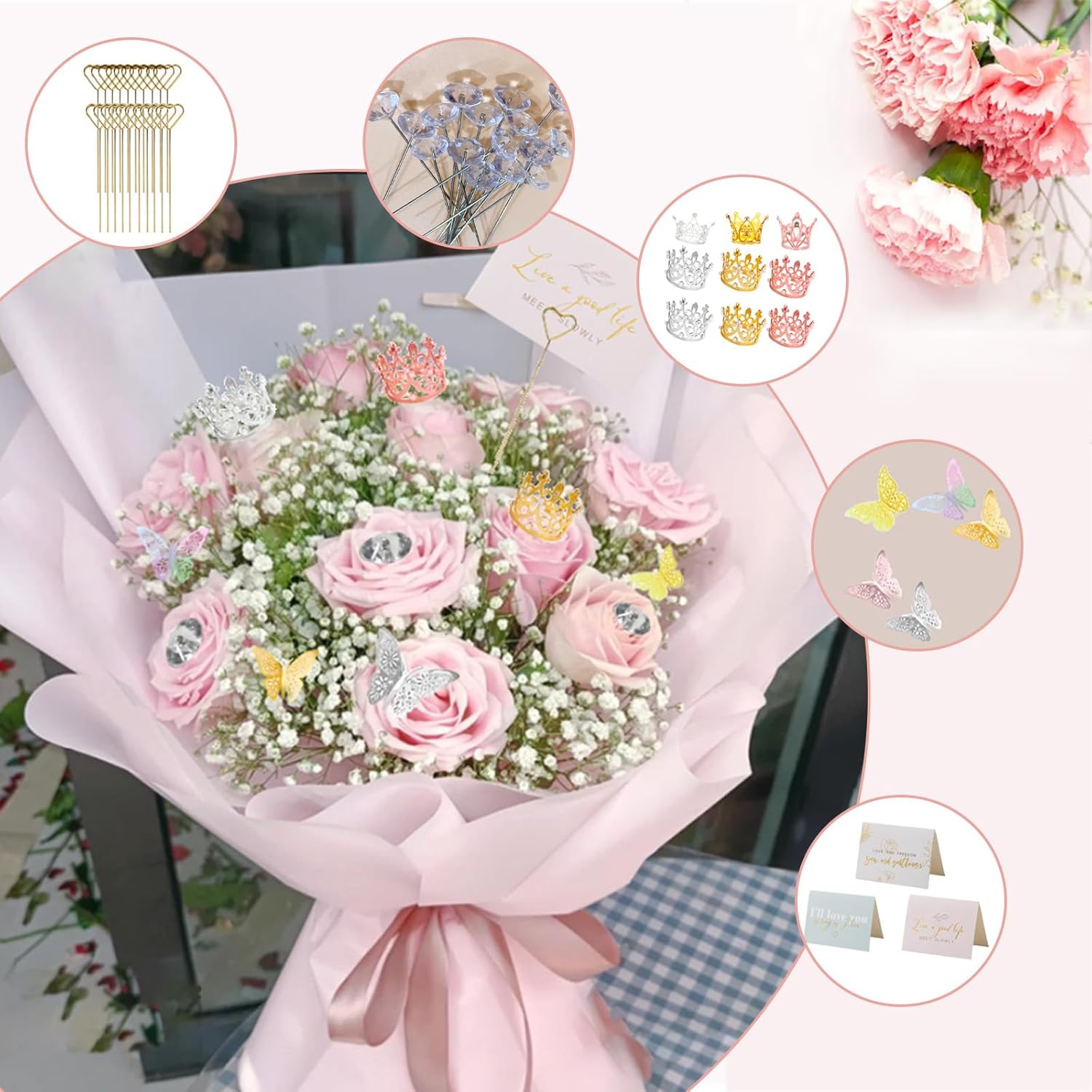 DNSGOOR 548Pcs Flower Wrapping Paper Kit with 200Sheets Waterproof Bouquet Wrapping Paper Decor Crowns 3D Butterfly Bouquet Pins Ribbons for Valentines Graduation Birthday Home Party