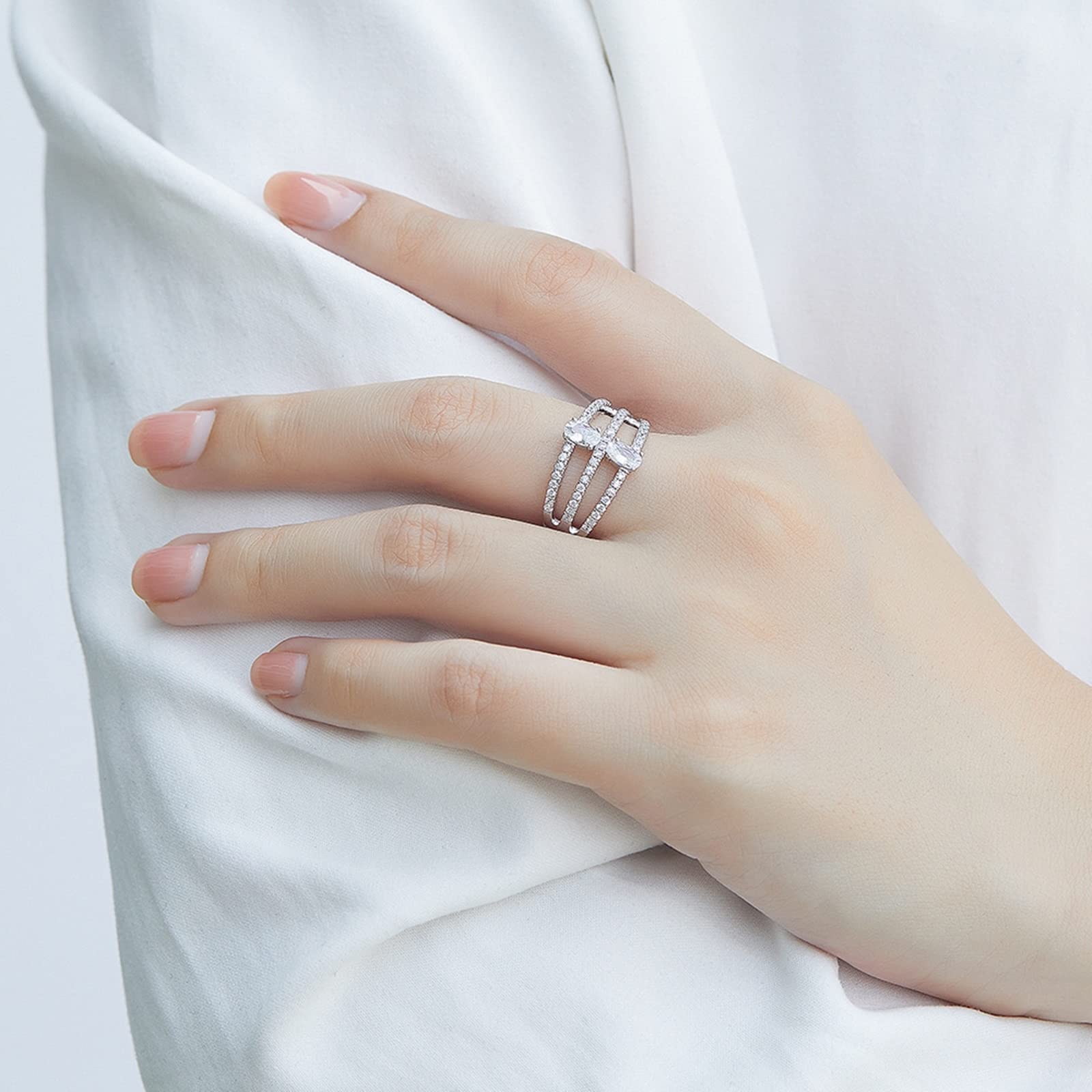 Anillo de plata maciza 925, anillo de compromiso para mujer, 3 filas huecas, ovaladas, 3 x 5 mm, anillo de boda promesa, Plata de ley 925, circonita cúbica