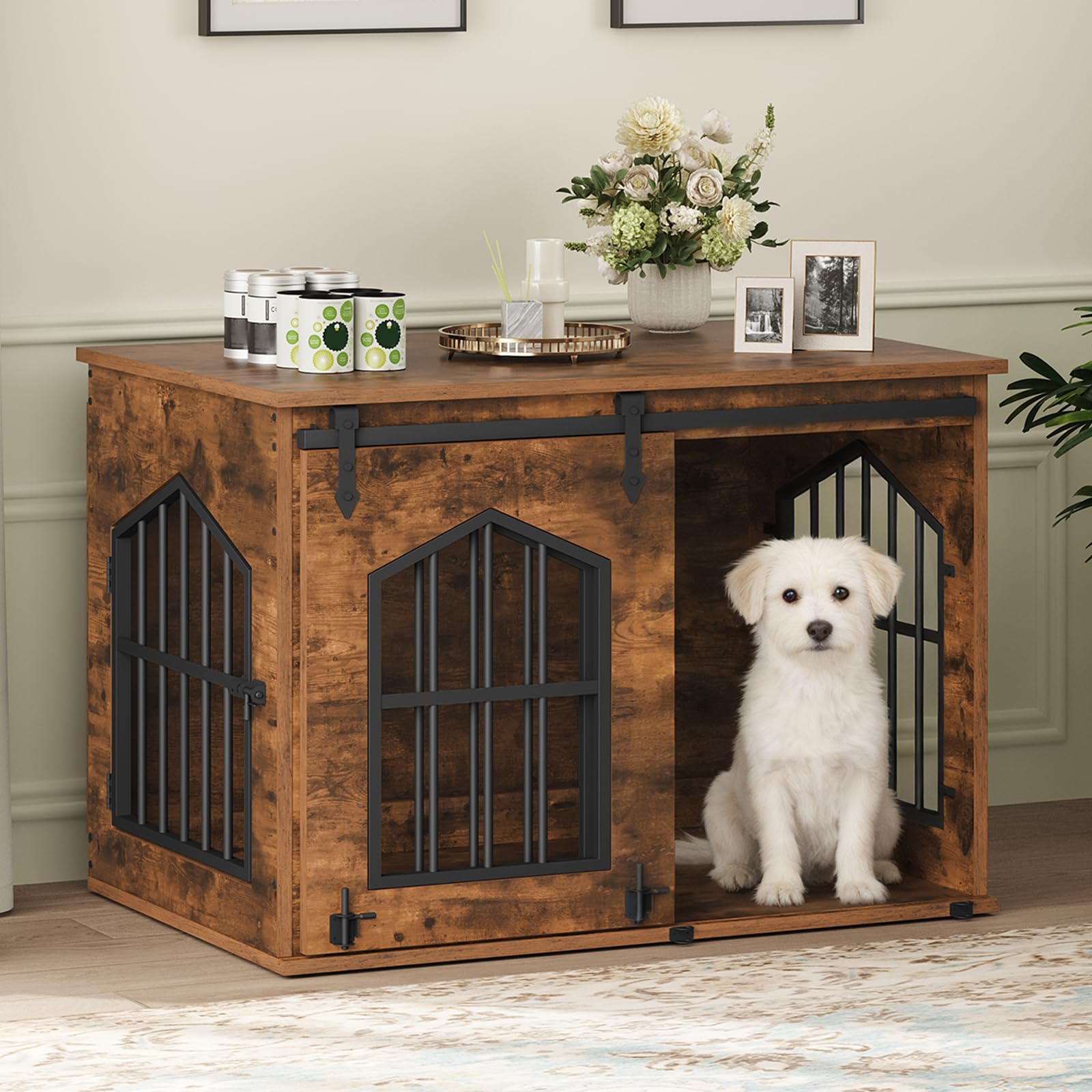 Photo 1 of ** DOOR CHEWED/ SELLING FOR PARTS. BACK PIECE HAS MAJOR CRACKING ** MAHANCRIS Dog Crate Furniture, 31.5" Farmhouse Dog Kennel with Sliding Barn Door, Wooden Dog Cage for Small Medium Dogs, Decorative Pet House Side End Table, Chew-Resistant, Rustic Brown 