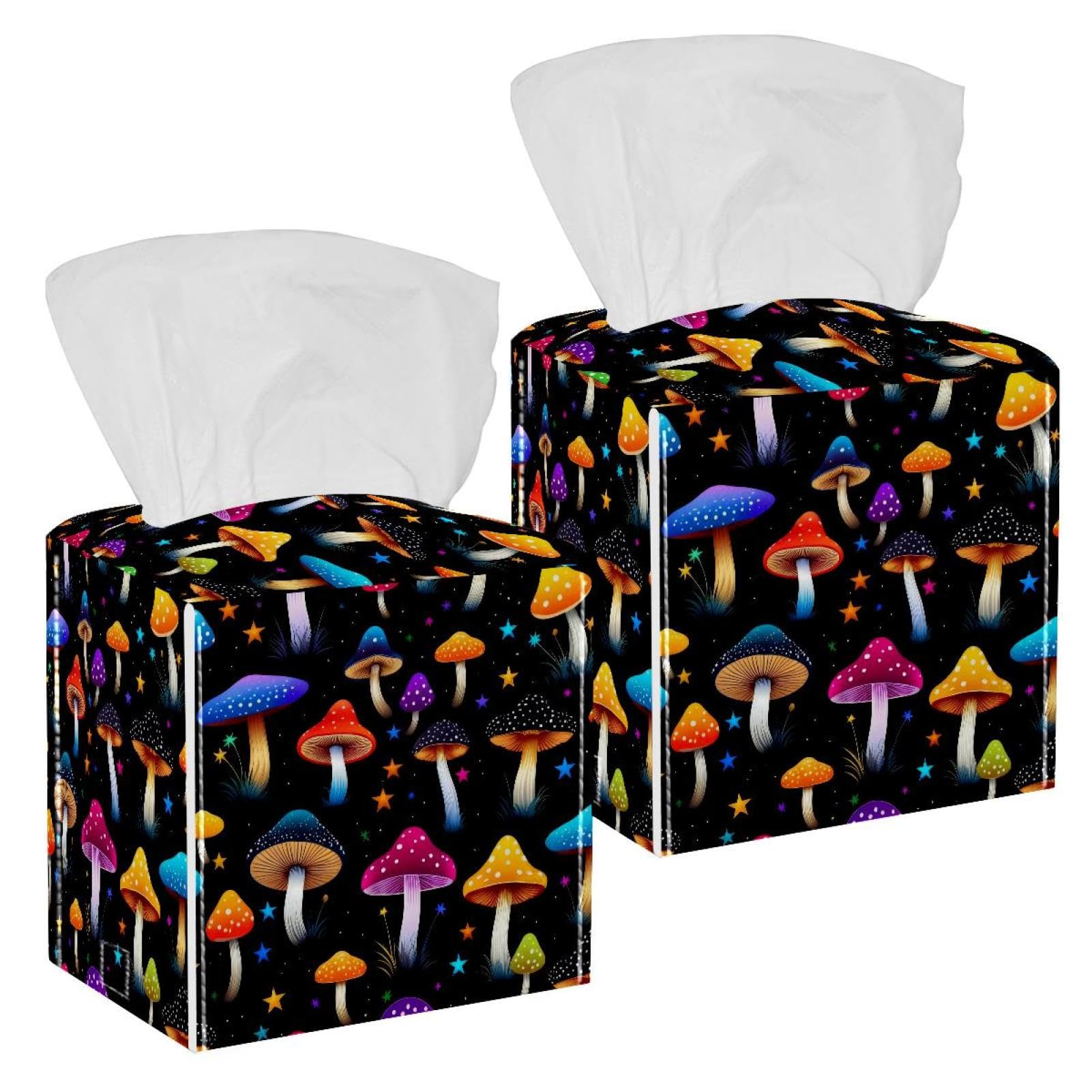 Colorful Mushroom Tissue Box Cover, 2 Pack PU Leather Square Facial Tissue Dispenser Box holder for Home Office Car