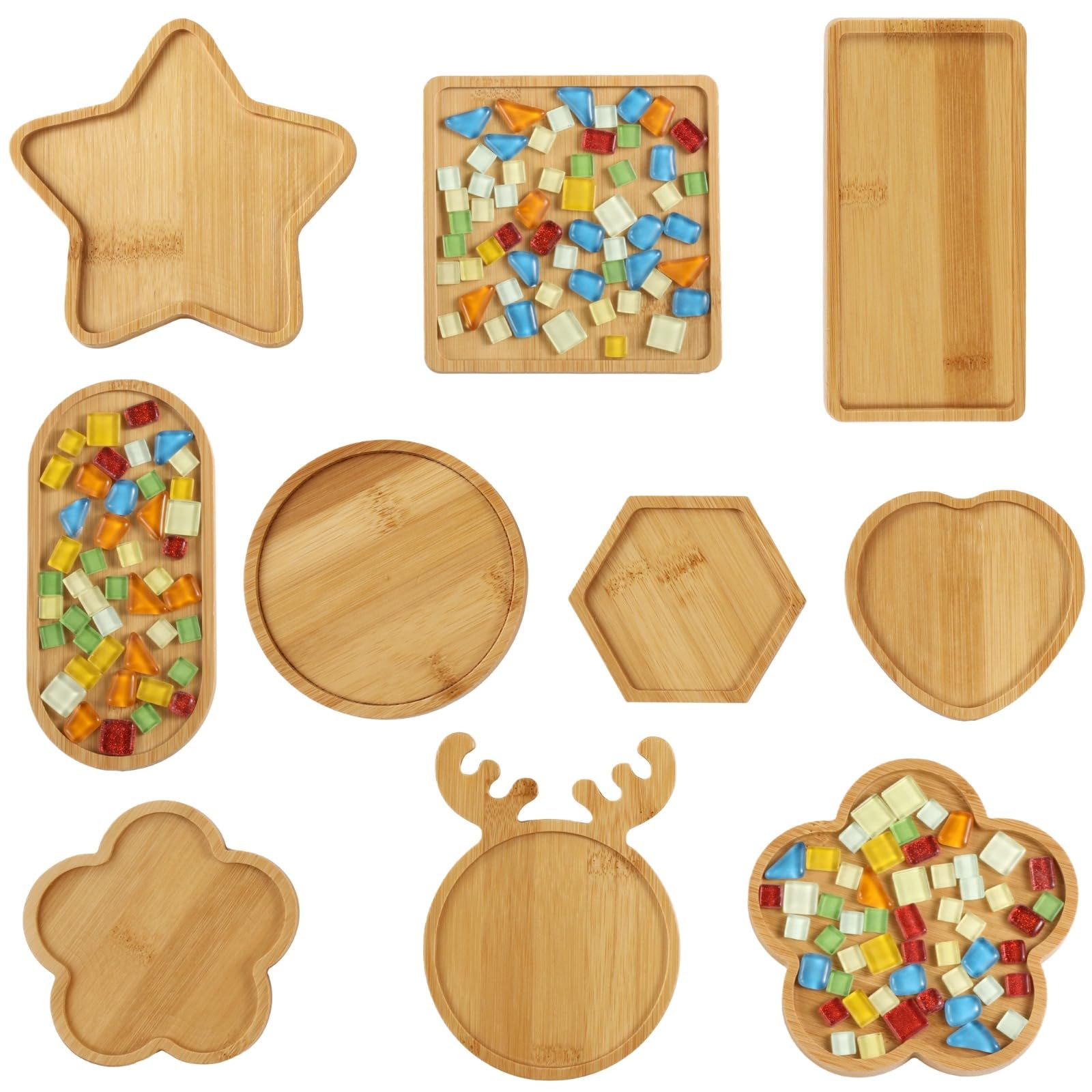 OMISTAR 10pcs Wooden Mosaic Bases Kits for Adults and Kids with 750 Colored Crystal Stones, Assorted Shapes Mosaic Substrates Coaster Kit