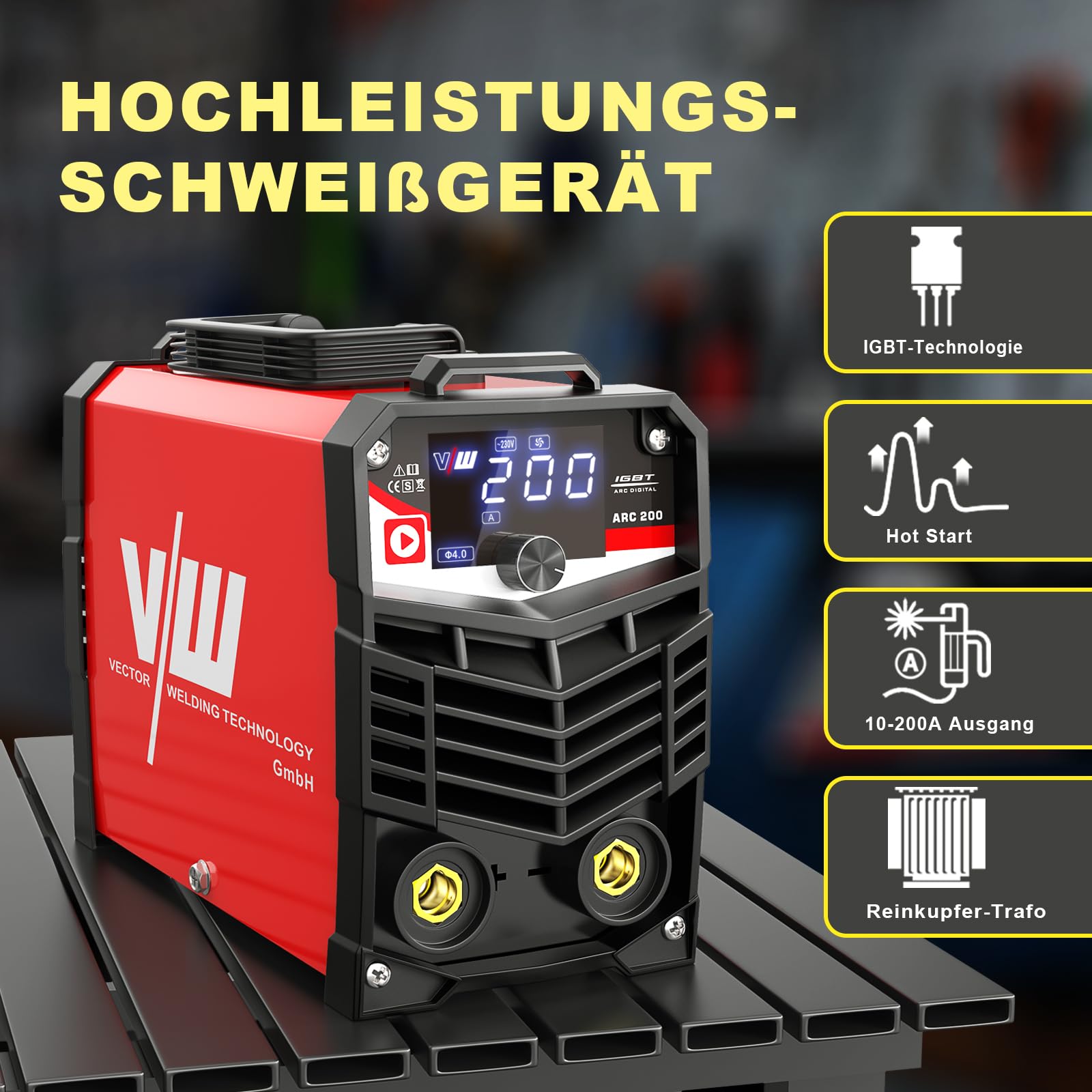 VECTOR WELDING Elektroden Schweißgerät Set, Schweißgerät Elektrode ARC 200, Inverter Elektro Schweissgerät - Digitales Display - Inklusive Schweißhelm und umfassendem Zubehör