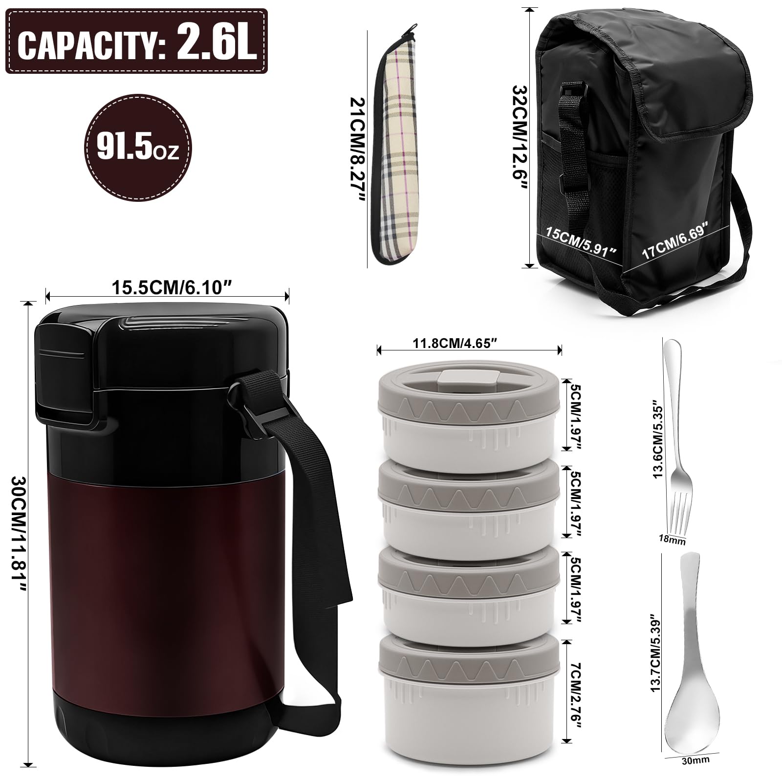 Termo para Comida Caliente 2.6L, con 4 Compartimentos Separados, Fiambrera Térmica para Comida Caliente, Con Cubiertos y Bolsa Térmica, Ideal para Trabajo, Estudiantes y Trabajadores(Rojo)