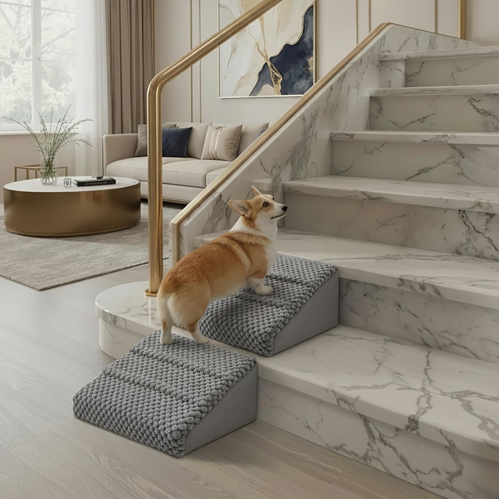 Photo 1 of Dog Ramp for Stairs - Dog Steps-Anti-Slip Foam Stair Wedges for Small & Senior Dogs,Gentle Slope Pet Steps with Washable Corduroy Cover, Self-Sticky Pads for Safe Climbing (Gray,2-Pack)