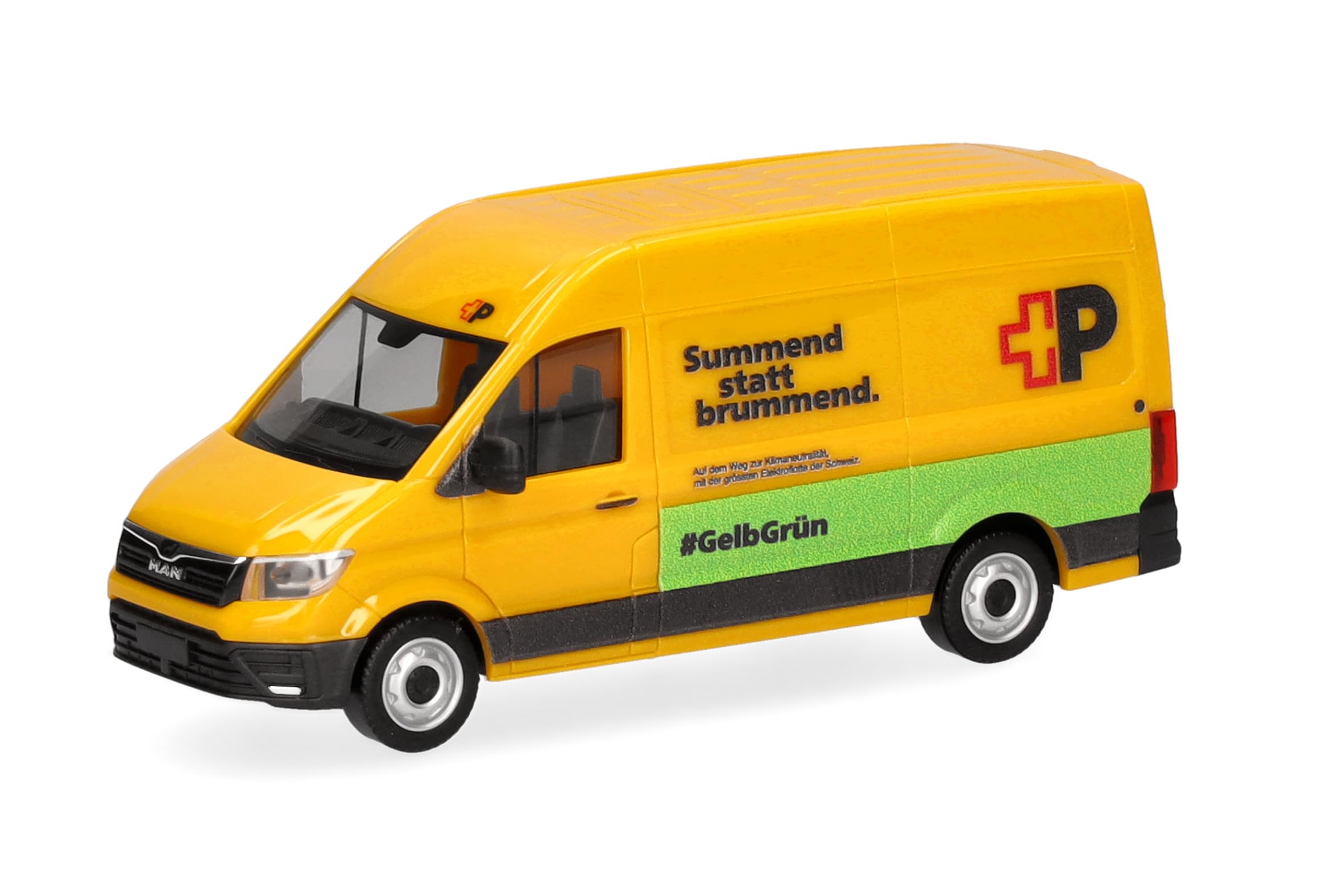 Herpa car model MAN eTGE Kasten high roof "Swiss Post" (Swiss), on a scale of 1:87, plastic miniature, made in Germany, model building, collectors edition