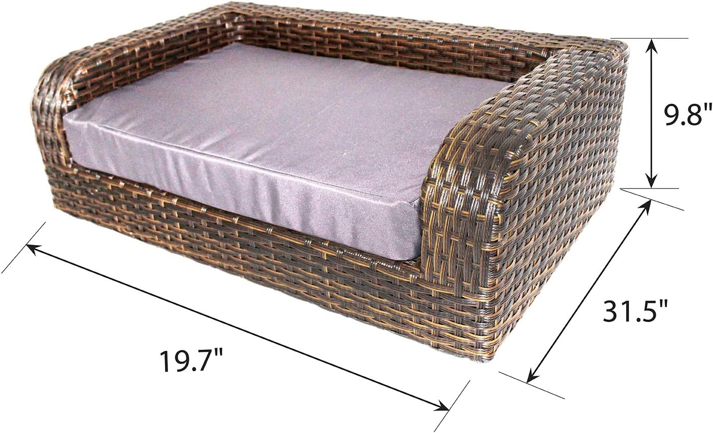 ICONIC PET Rattan/Wicker Pet Sofa Bed - Sofa Made of Woven Palm Stems of Rattan with Metal Frame, Indoor/Outdoor Sofa and Water Resistant Cushion Cover, Elegant Pet Bed for Dogs/Cats up to 50 lbs
