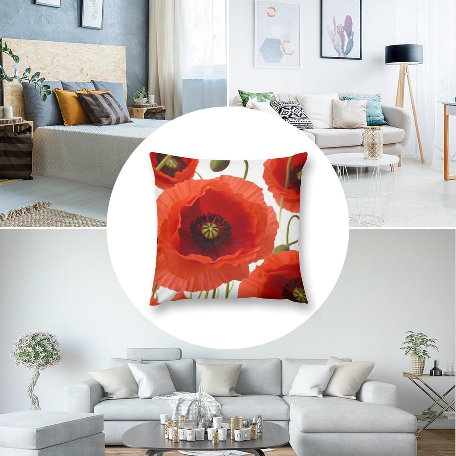 Zippered Pillow Cover, Pillow Protector, Poppy Flowers Printed Pillow Cover of 4, Pillow Not Included