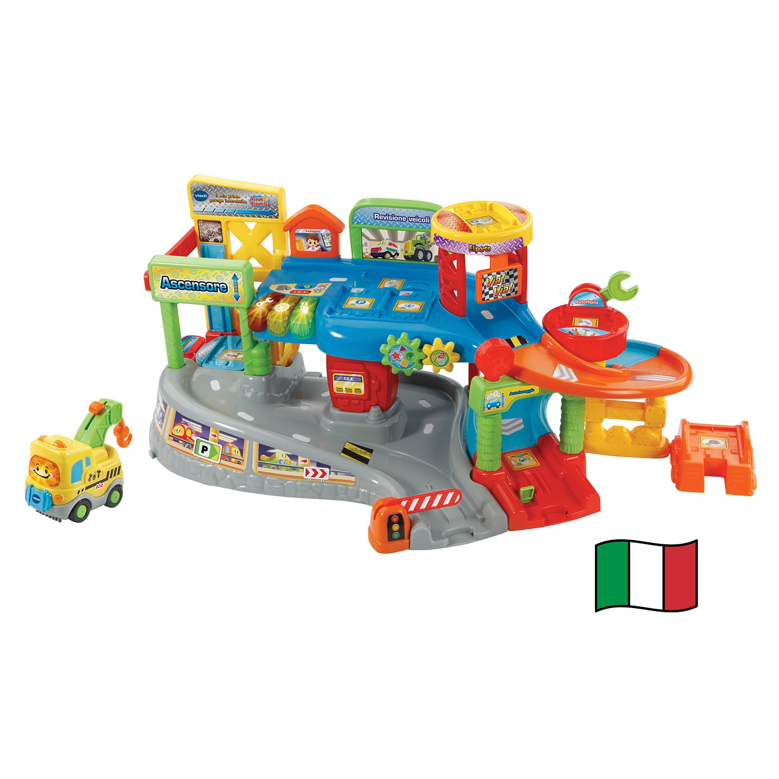 VTech Vroom Vroom Go - Il Mio Primo Garage Interattivo, Pista Macchinine con Garage Parlante, Incluso Veicolo Elettronico per Rimorchio, Pista Macchine con 9 Zone Magiche, Lingua Italiana, 1-5 Anni