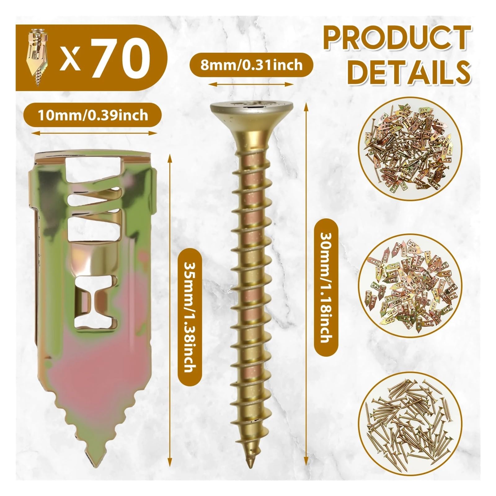 Kit de 70 anclajes autoperforantes for paneles de yeso con tornillos, sin taladro, de acero galvanizado, for estanterías, correas y decoración de gabinetes.