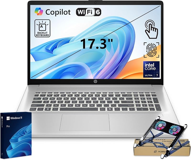 PC portátil Pro Business Copilot AI, pantalla táctil de 17,3", Intel Ultra 7 255U, 16 GB DDR5, 1 TB SSD, Wi-Fi 6, cámara web, teclado retroiluminado, lector de huellas dactilares, paquete con refrigerador para portátil PCO