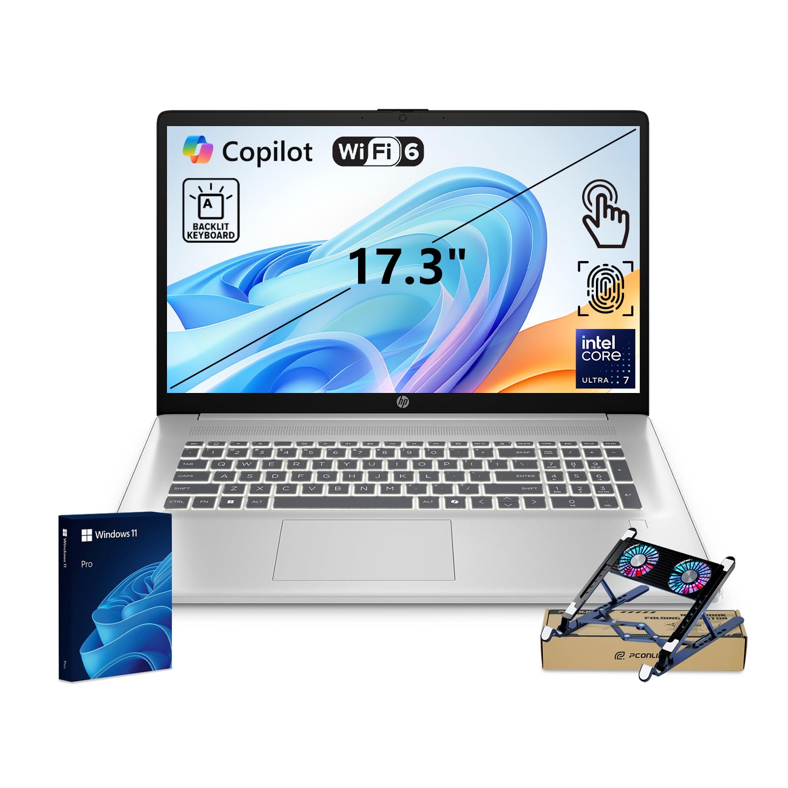 HP Pro Business Copilot AI Laptop PC, 17.3" Touchscreen, Intel Ultra 7 255U, 16GB DDR5, 512GB SSD, Wi-Fi 6, Webcam, Backlit Keyboard, Fingerprint Reader, Bundle with PCO Laptop Cooler
