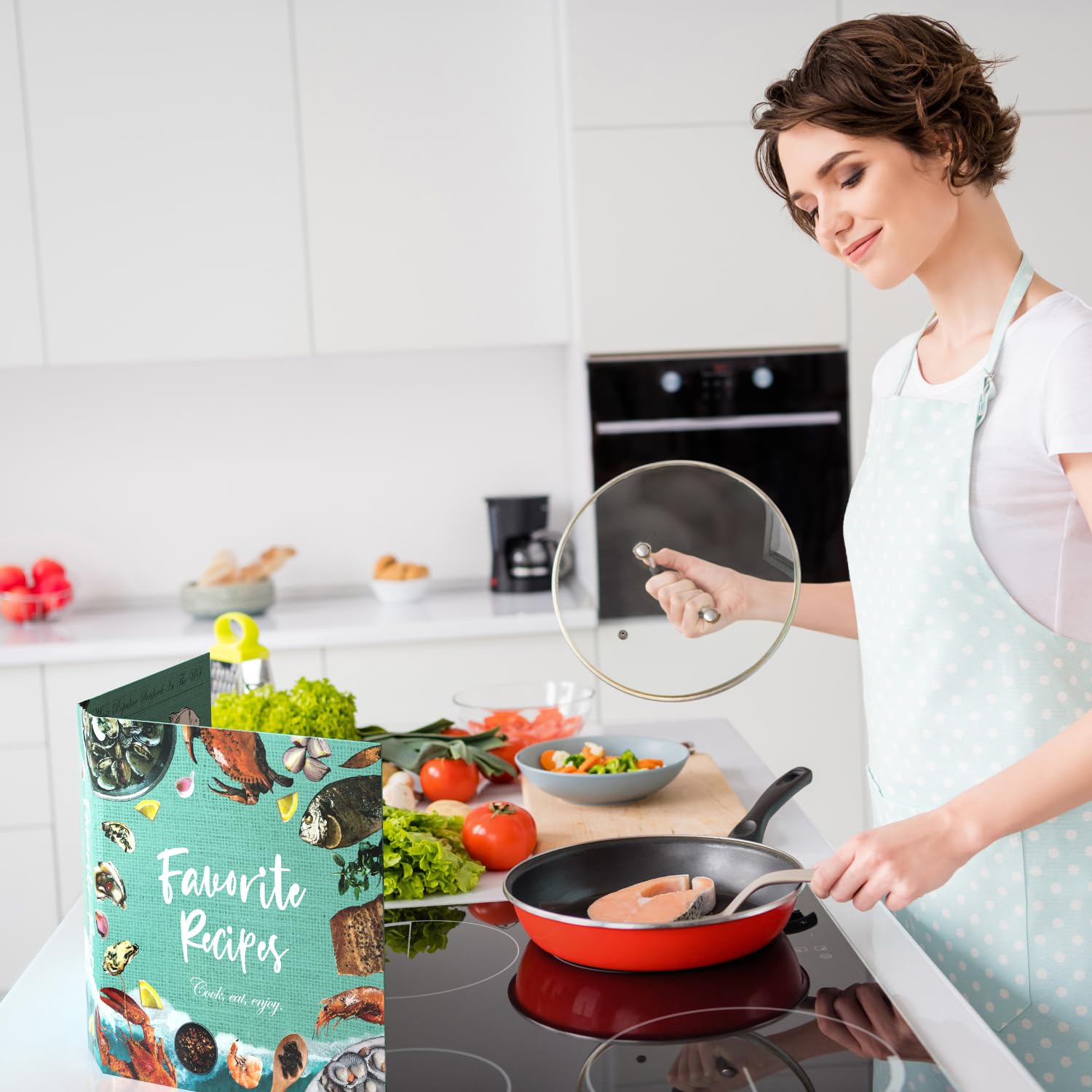 Rezeptordner, Buchordner mit 16 Trennwänden, 32 Etiketten und 50 Kunststoffhüllen DIY Familien-Kochbuch für Lieblingsrezepte bedruckt und zum Schreiben in Rezepten (Meeresfrüchte)