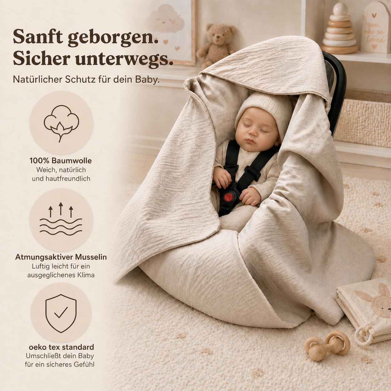 Musselin Einschlagdecke Babydecke 90x90 cm für Babyschale – leichte & dünne Sommerdecke atmungsaktiv, für Kinderwagen und Autositz, für Neugeborene & Kleinkinder, aus Musselin, Oeko-Tex - Lorbeerfarbe