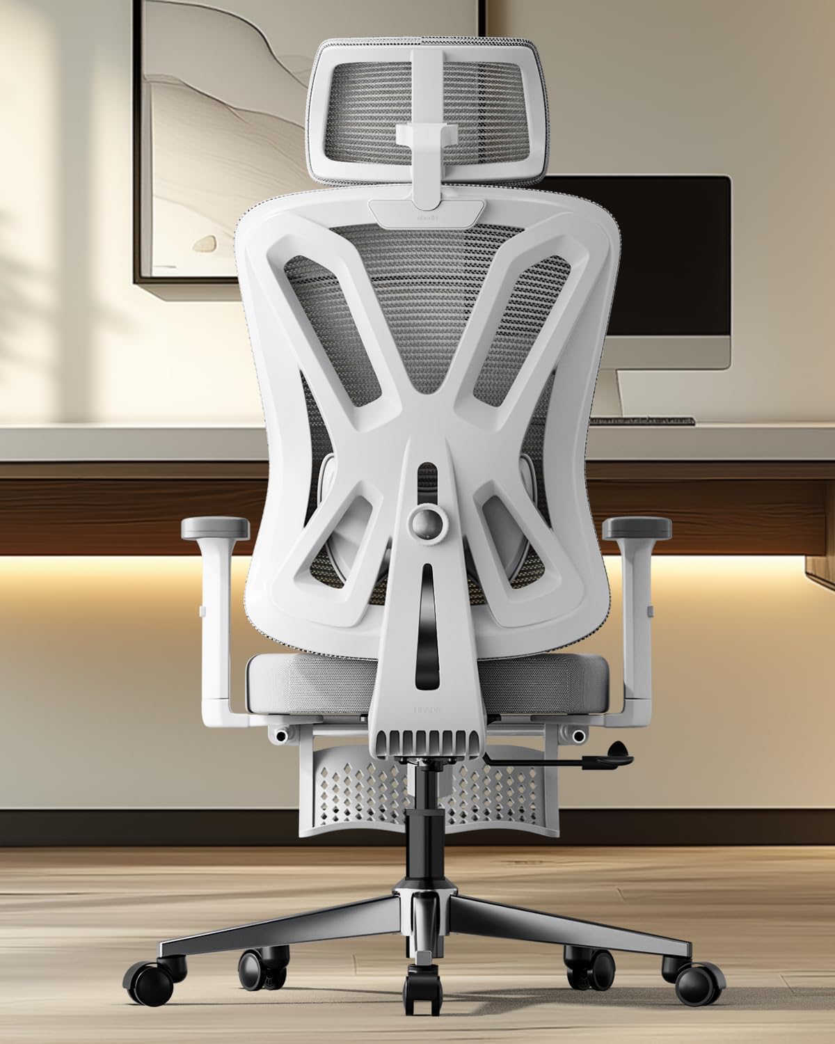 Hbada P5 Silla de Oficina ergonómica con Soporte Lumbar Ajustable, cojín elástico Transpirable, reposabrazos Ajustables y reposacabezas, Reposapiés Integrado, Negro (Aluminium, Blanco)