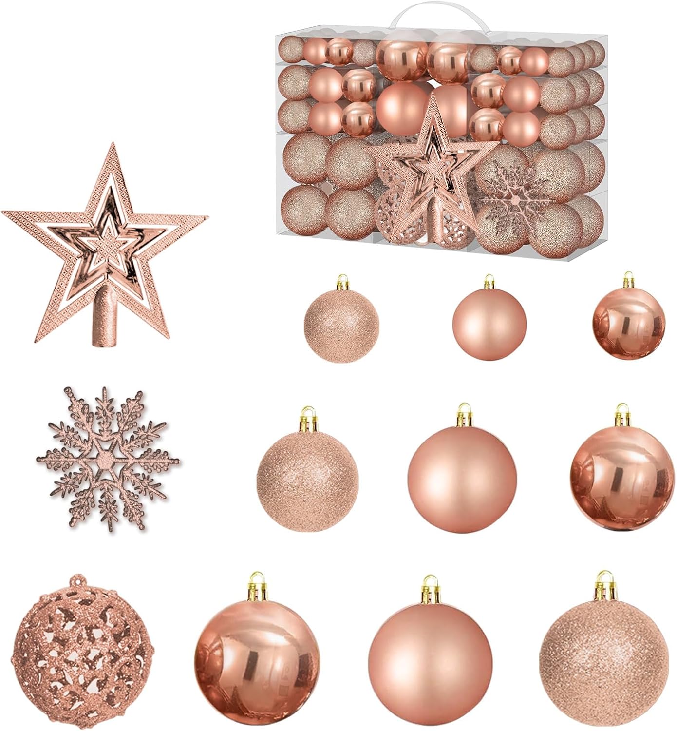 Christmas Tree Ornaments 102 Piece Set, Rose Gold, Plastic, Hanging, Traditional, Star, Christmas, Anniversary, Birthday, Wedding, Valentine’s Day Christmas Tree Ornaments 102 Piece Set, Rose Gold, Plastic, Hanging, Traditional, Star, Christmas, Anniversary, Birthday, Wedding, Valentine’s Day