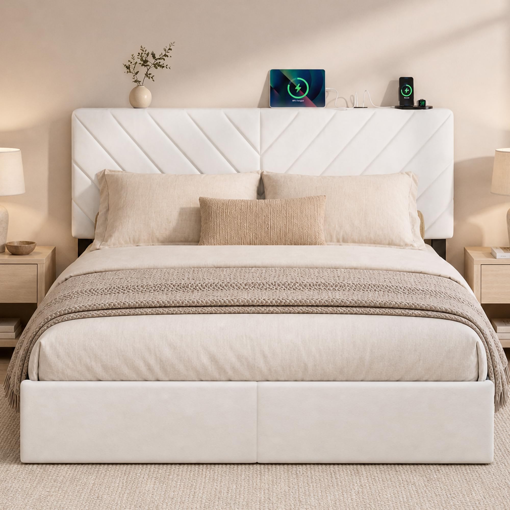 UHTN Queen Bed Frame with Adjustable Headboard, White Velvet Upholstered | Platform Bed with Charging Station, Under Bed Storage, Metal Slat Support, Noise Free, No Box Spring Needed, Easy Assembly